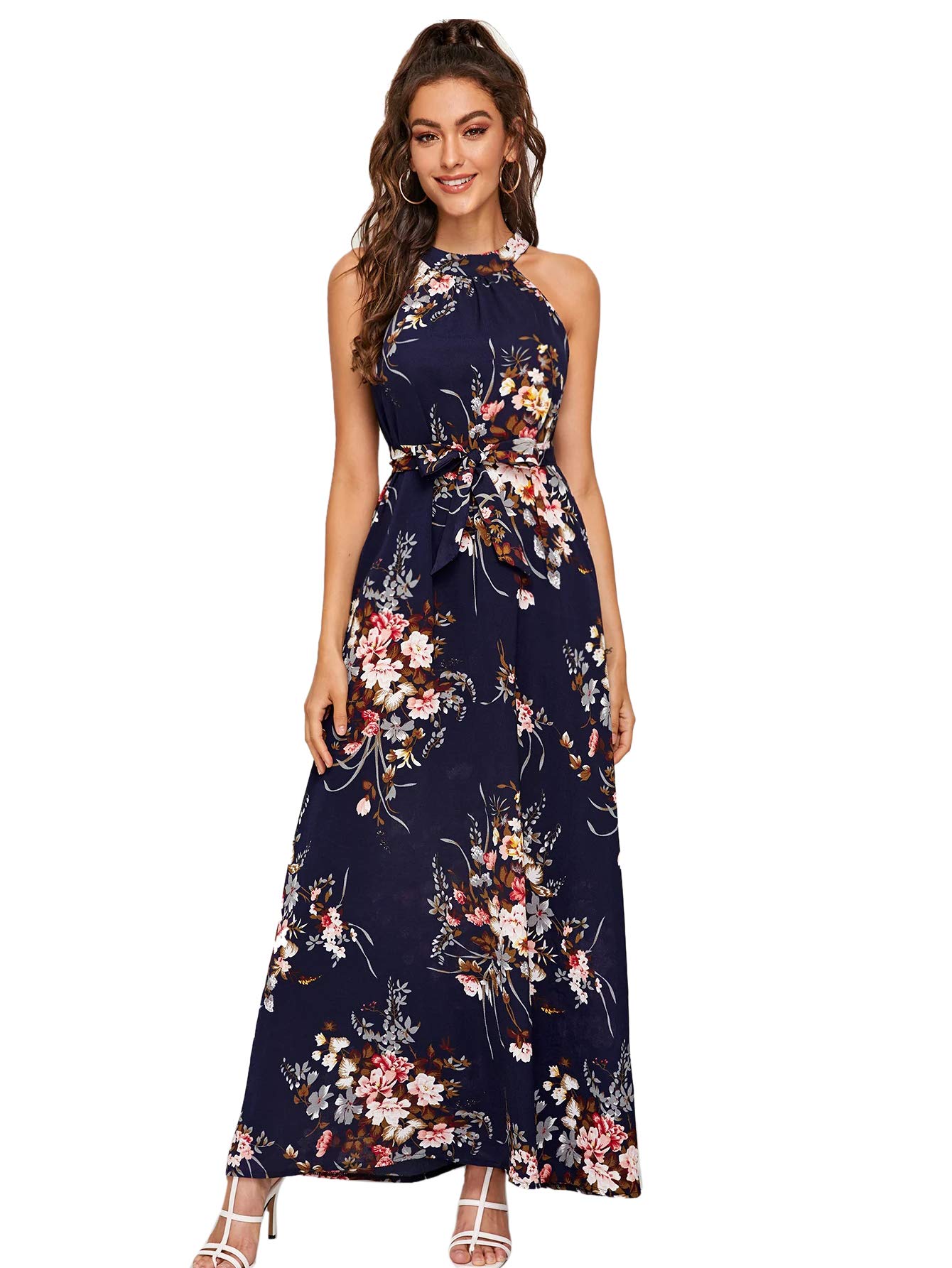 Women's Sleeveless Halter Neck Vintage Floral Print Maxi Dress