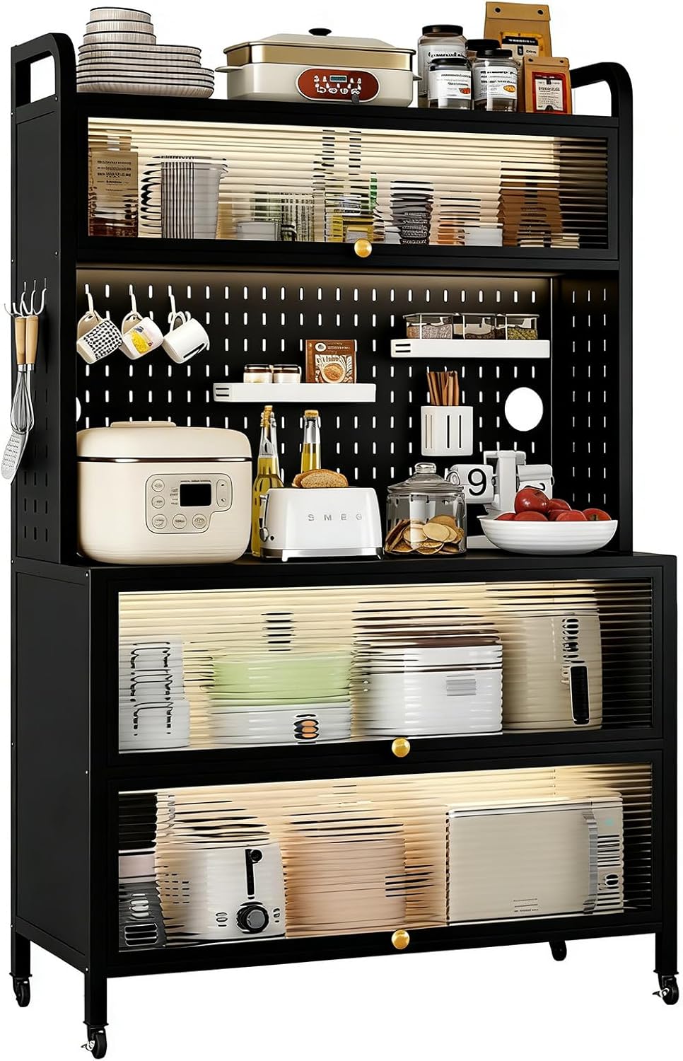 Kitchens Storage Cabinets, 5-Tier Bakers Racks for Kitchens with Adjustable Shelves and 6 S-Shaped Hooks, Microwave Stand Tall Countertop Storage Sideboard for Pantry, Spices, Pots and Pans