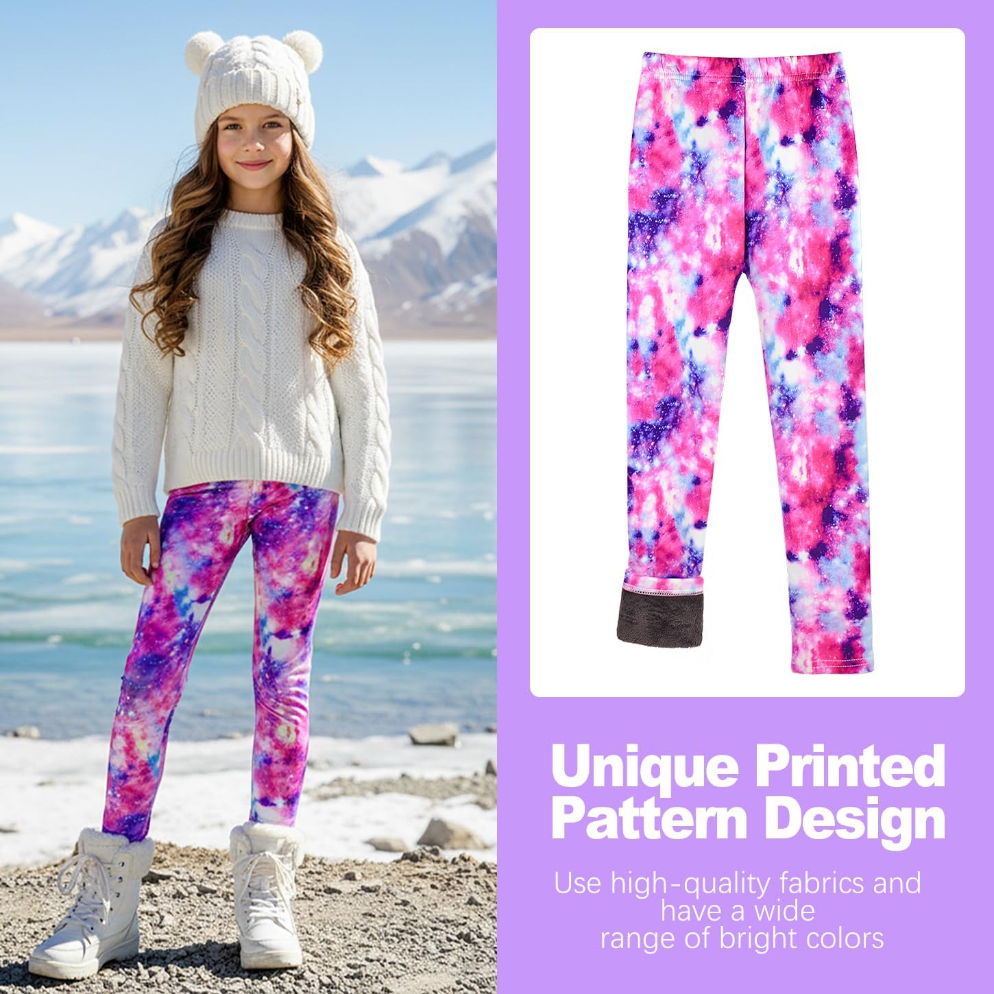 2 Pack Girls Fleece Lined Leggings – Warm Stretchy Winter Pants for School & Outdoor Play, Size 4-10 Years - Image 3