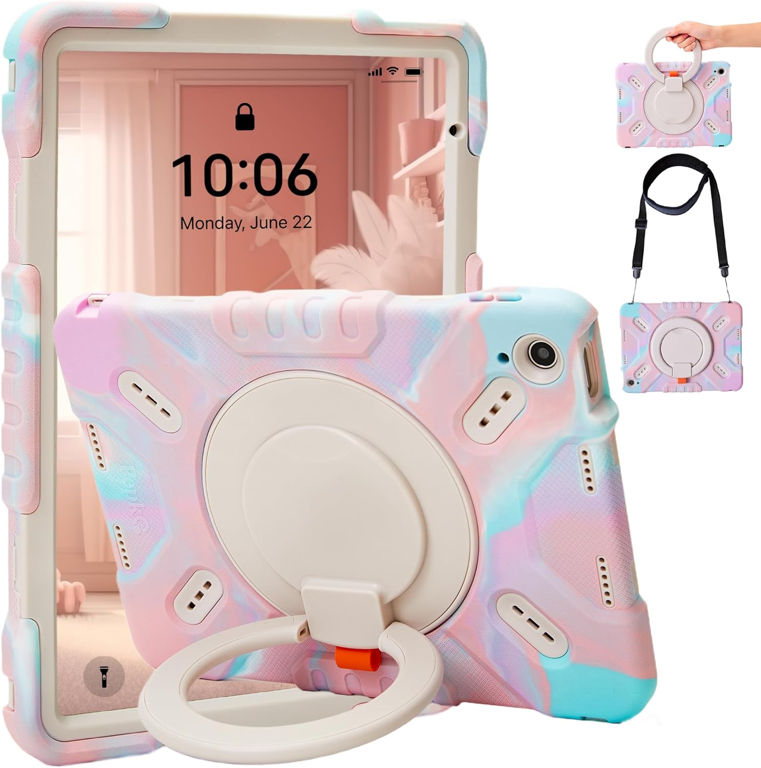 Pepkoo Triple Shock-Absorbing Protective Kid Case, Suitable for iPad 10th Generation 2022 11th (A16) 2025-10.9 Inches, Sturdy and Durable for Children, with Handle, Shoulder Strap (Colored Pink)