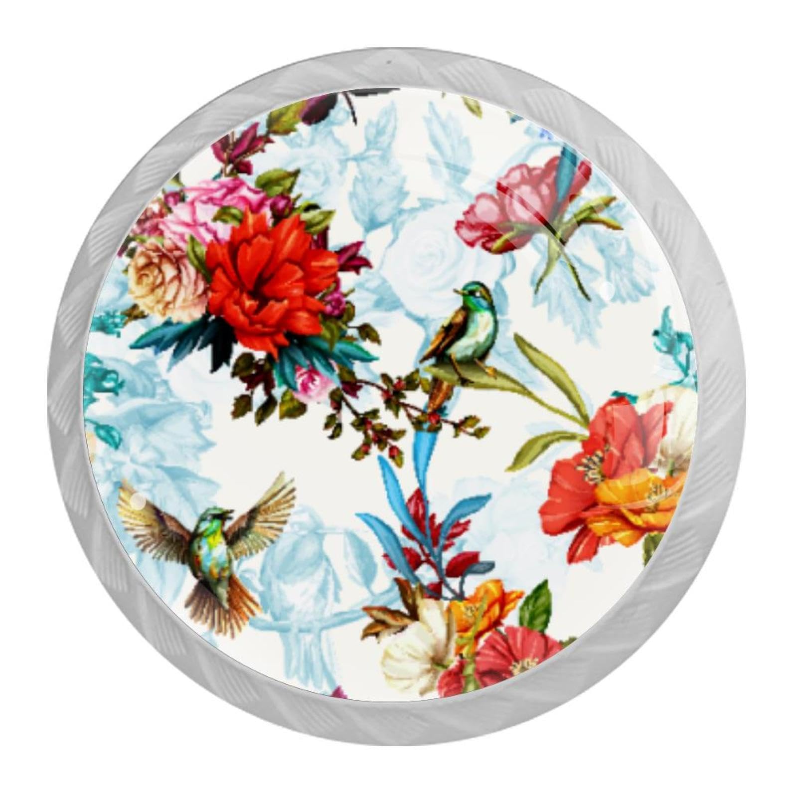 Tqmspg 4 Pieces Drawer Pulls Watercolor Flowers Hummingbirds Door Knobs Dresser Handles for Kitchen Wardrobe Cupboard Hardware Furniture