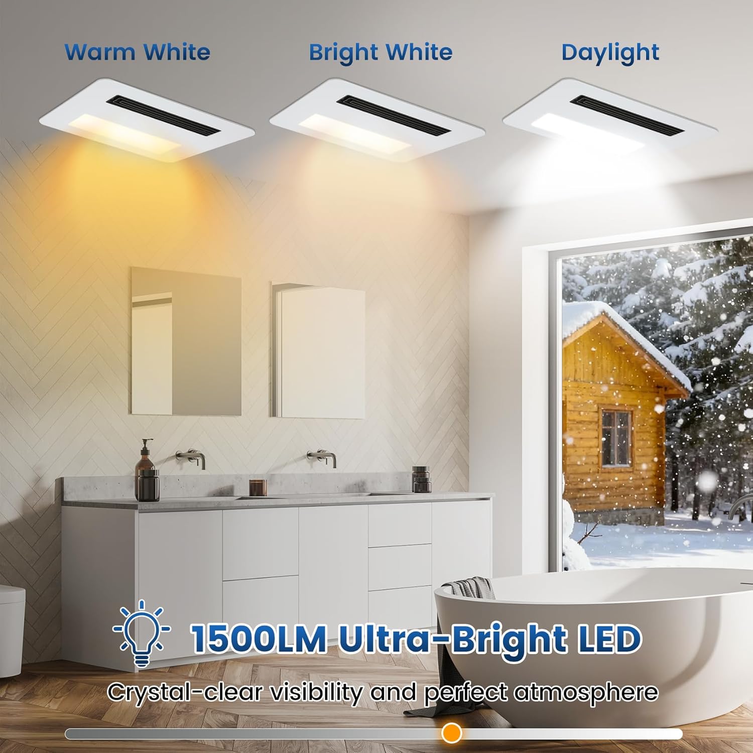 Bathroom Exhaust Fan with Heater and Light 1800W,190 CFM,Ultra-Low 30dB Operation,4-in-1 Bathroom Ventilation System,1 Minute Rapid Heating and Ventilation (White)