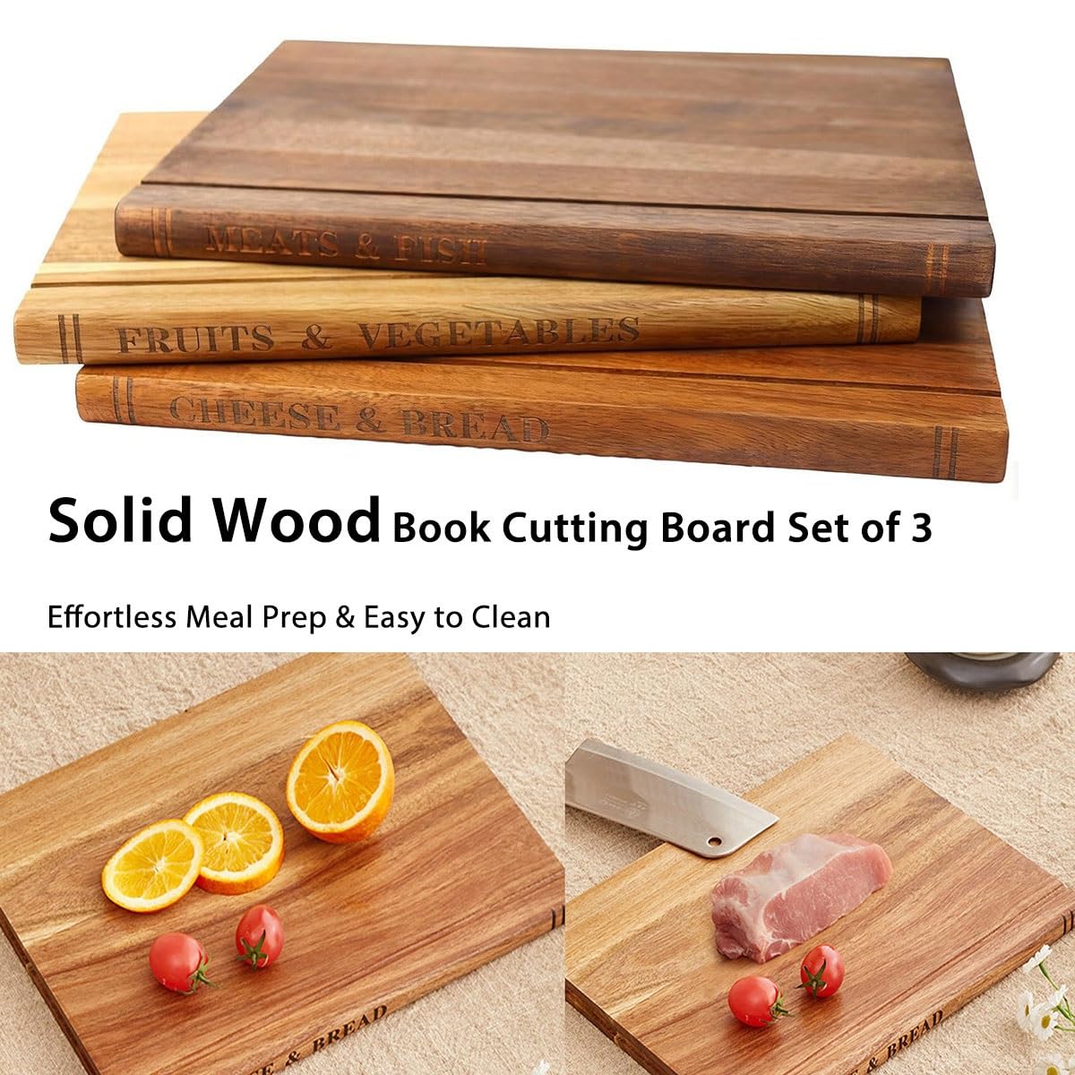 Tagliere da Cucina in Legno, Set di Libri da Biblioteca, Tagliere Bifacciale con Supporto, Tagliere per Tritare Carne, Verdure e Frutta, Tagliere Lavabile in Lavastoviglie(Marrone)