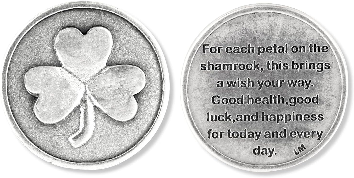 Pack of 3 - Shamrock 3 Three Leaf Clover Good Luck Pocket Token Charm Coin with Prayer for Health and Happiness, Catholic Coin St. Patrick's Day
