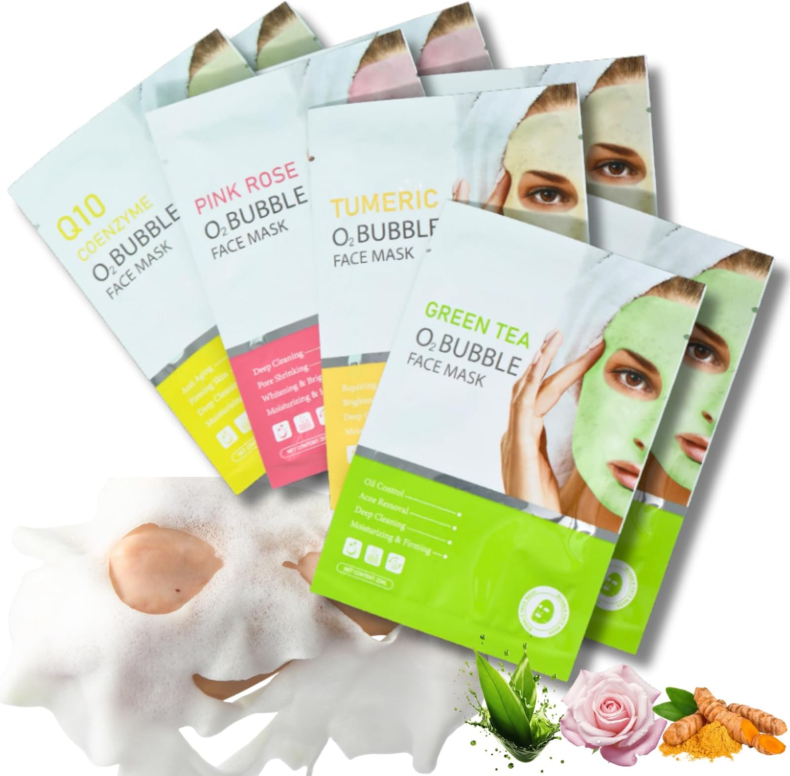 8 Pcs O2 Bubble Face Mask Set with Green Tea,Tumeric,Pink Rose & Q10, Face Masks Sheet Foaming Face Mask, Purifying Facial Mask for Acne and Pores, Hydrating Face Mask, Sheet Face Mask Skincare