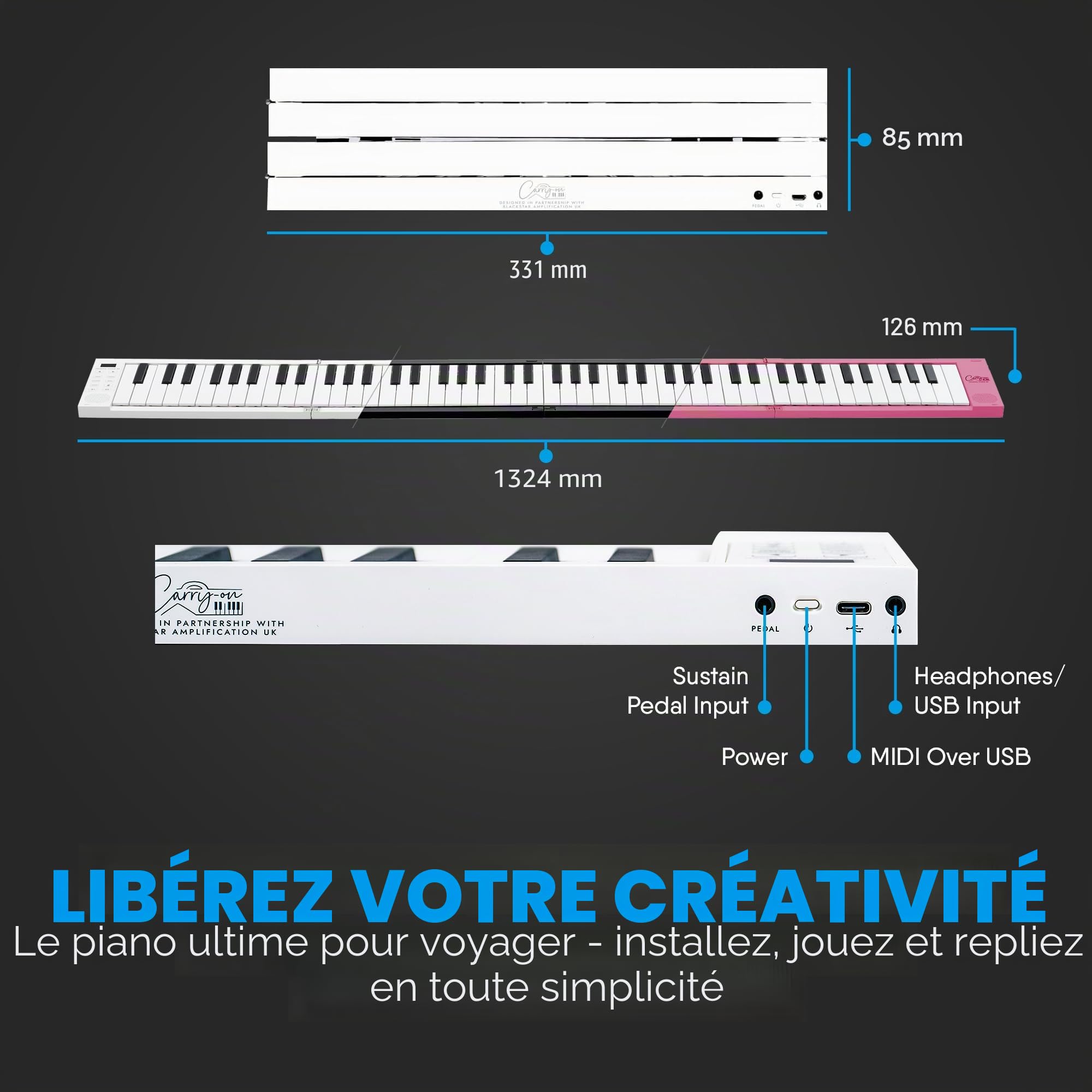 Blackstar BA215011 Carry-on FP-88 Touche tactile 88 touches Noir Portable Pliable Piano numérique par USB Contrôleur MIDI avec batterie rechargeable