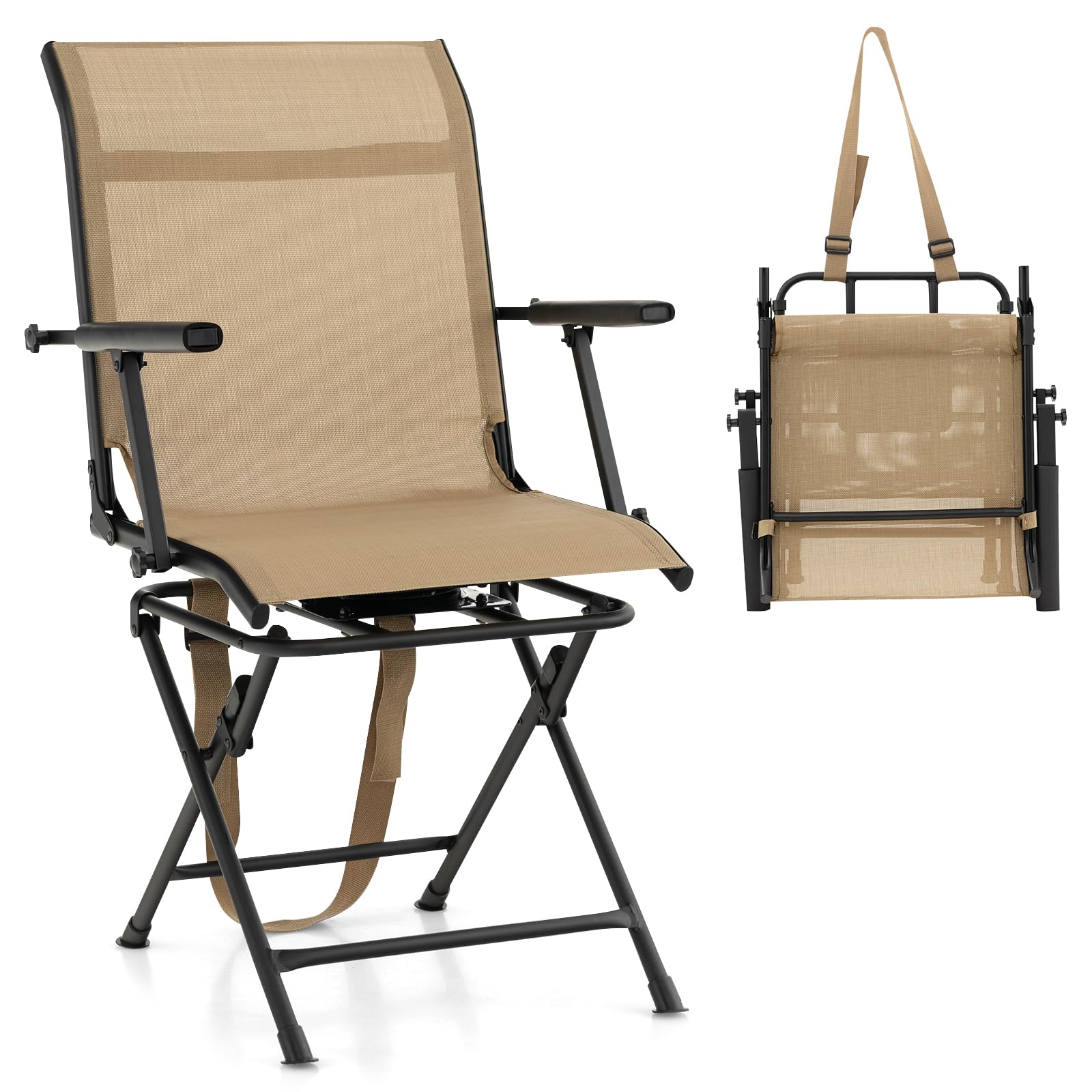 LDAILY Moccha Hunting Chair, 360° Swivel Blind Chair w/Armrest & Mesh Back, Non-Slipping Pads, Sturdy Metal Frame, 330LBS Capacity, Portable and Silent Folding Hunting Chairs for Blinds (Brown)