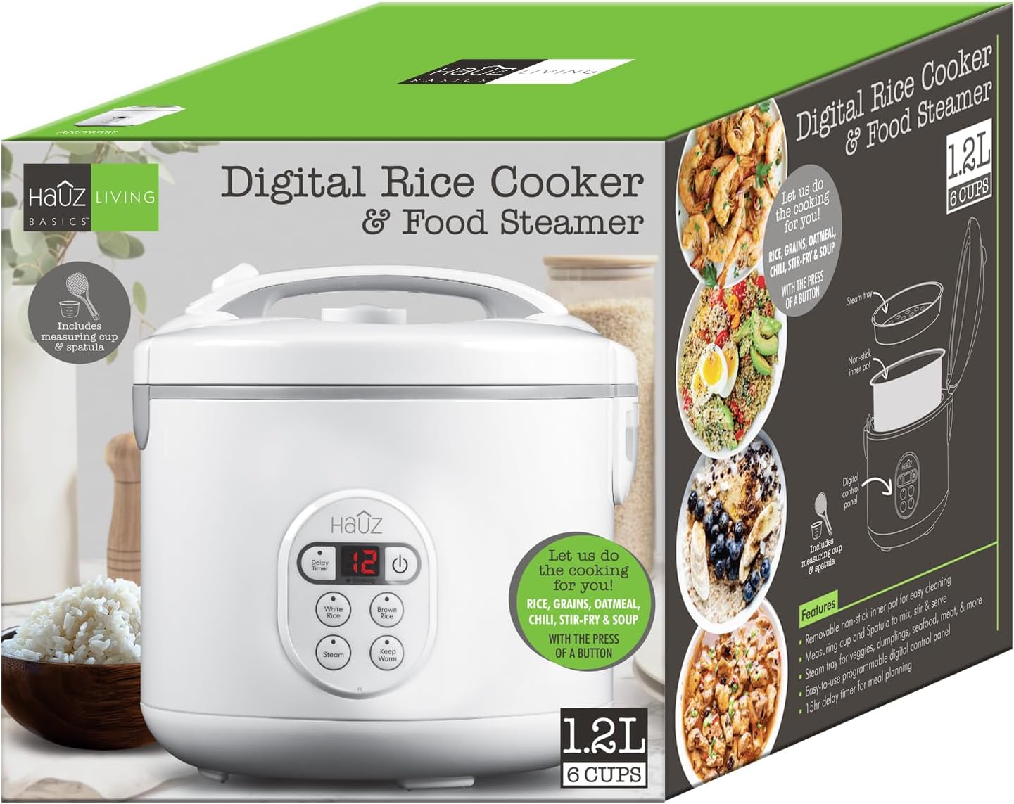 Hauz Digital Rice Cooker and Steamer in packaging, showing features