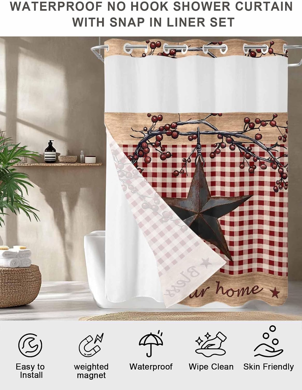 Country Stars No Hook Shower Curtain with Snap in Liner Vintage Rust Black Star Red Plaid Brown Wood Grain Shower Curtain for Bathroom, Fabric Waterproof Inner Liner with Mesh Top Window, 60x72