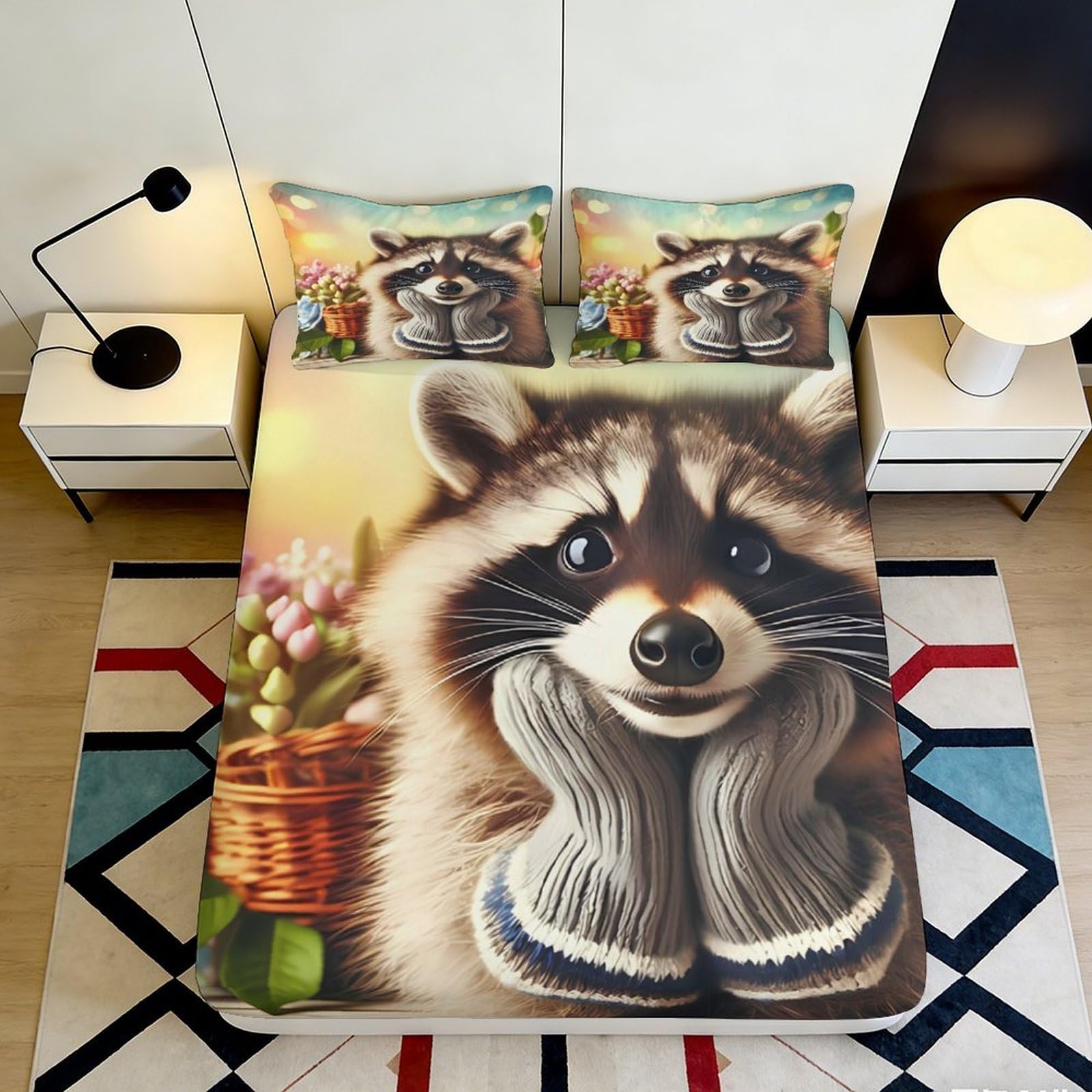 3D Printed Cute Raccoon Fitted Sheet Microfiber Soft Decorative Basket Mattress Cover for Bedroom Dorm 90x200x25cm