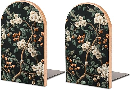 Vintage Botanical Tree Branches Flowers Berries Wooden Bookends Shelves 2 PCS Sturdy Book Holders Desktop Organizer for Home Office Libraries