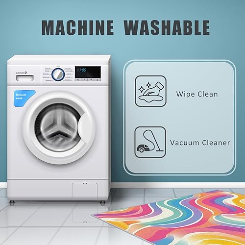 Miniatura 7 de Alfombra retro ondulada lavable de 3 x 5 pulgadas, textura de los años 70 y 80, diseño abstracto colorido, ultra fina y suave para dormitorio, sala