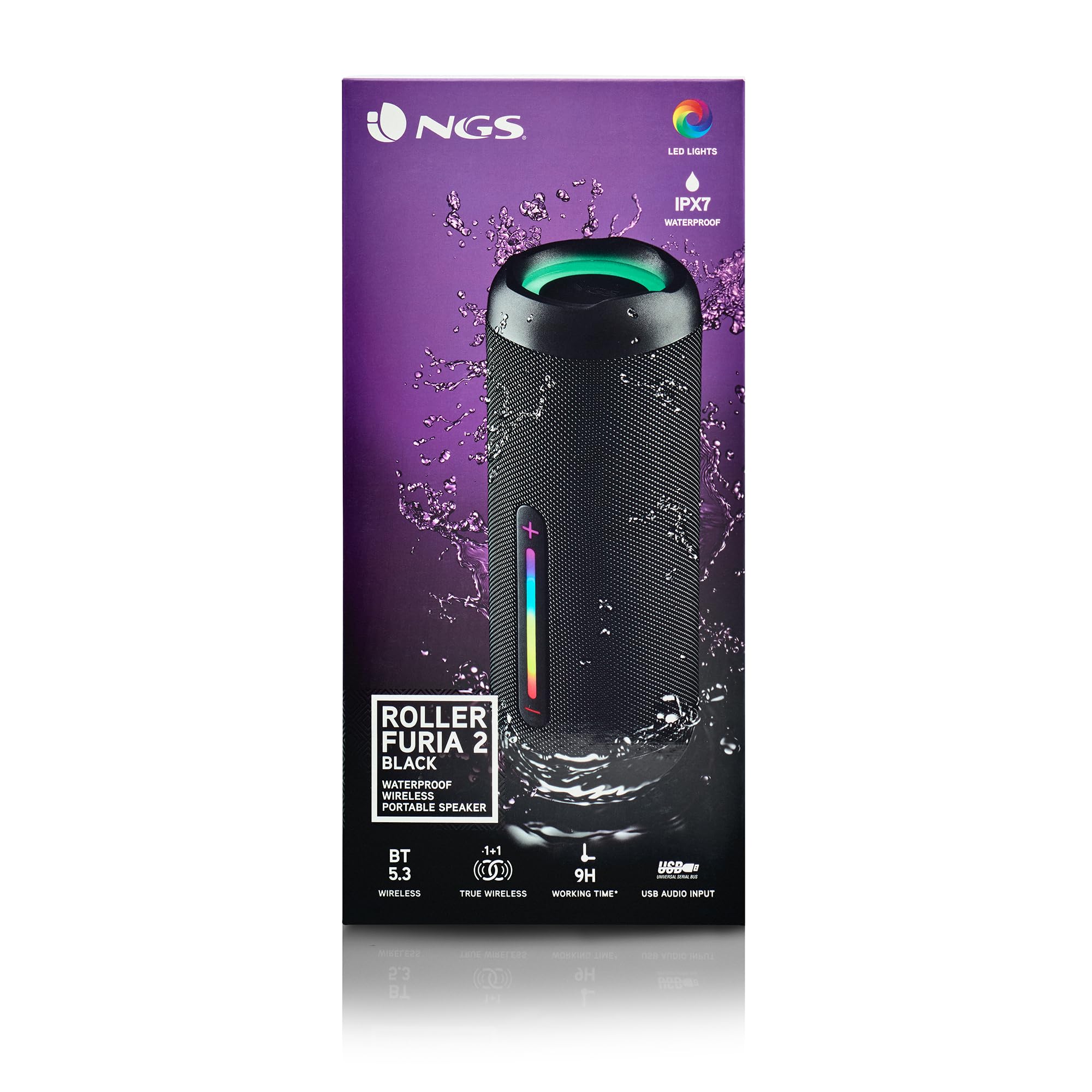 NGS Roller Furia 2 Black - Altoparlante Wireless Compatibile con Bluetooth, Impermeabilità IPX7, 30 W, True Wireless, USB, Durata Batteria 9 Ore, Nero