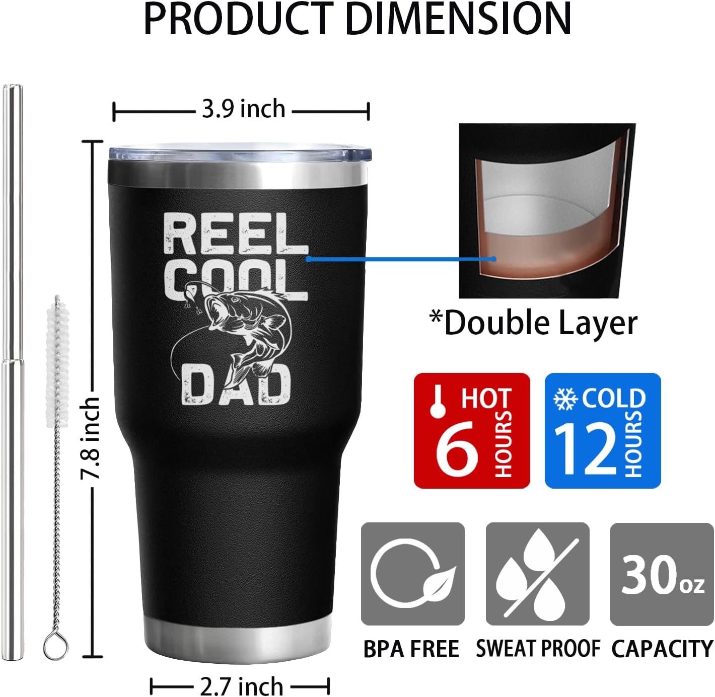 Fishing Gifts for Dad Men 30 oz REEL COOL DAD Tumbler Cups with Fish American Flag Design Father's Day Christmas Fishing Gifts for Dad Grandpa Stainless Steel Insulated Water Bottle With Lid - Image 6
