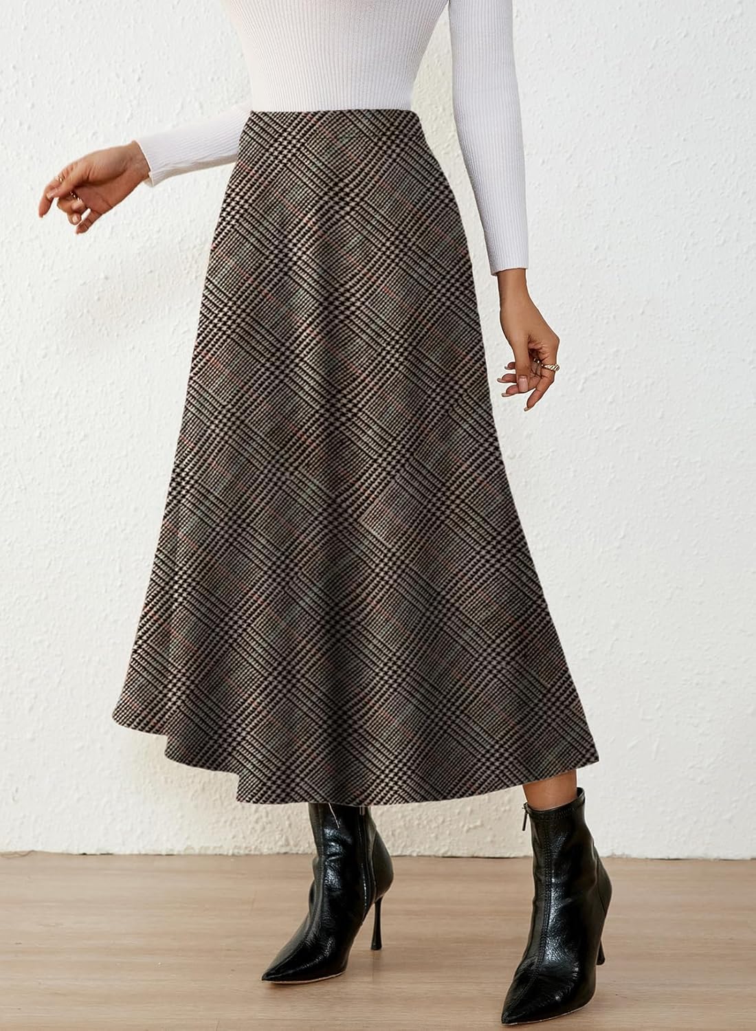 Pink Queen Plaid Skirts for Women 2026 Flared Vintage High Waist A Line Midi Tartan Skirts with Pockets - Image 6