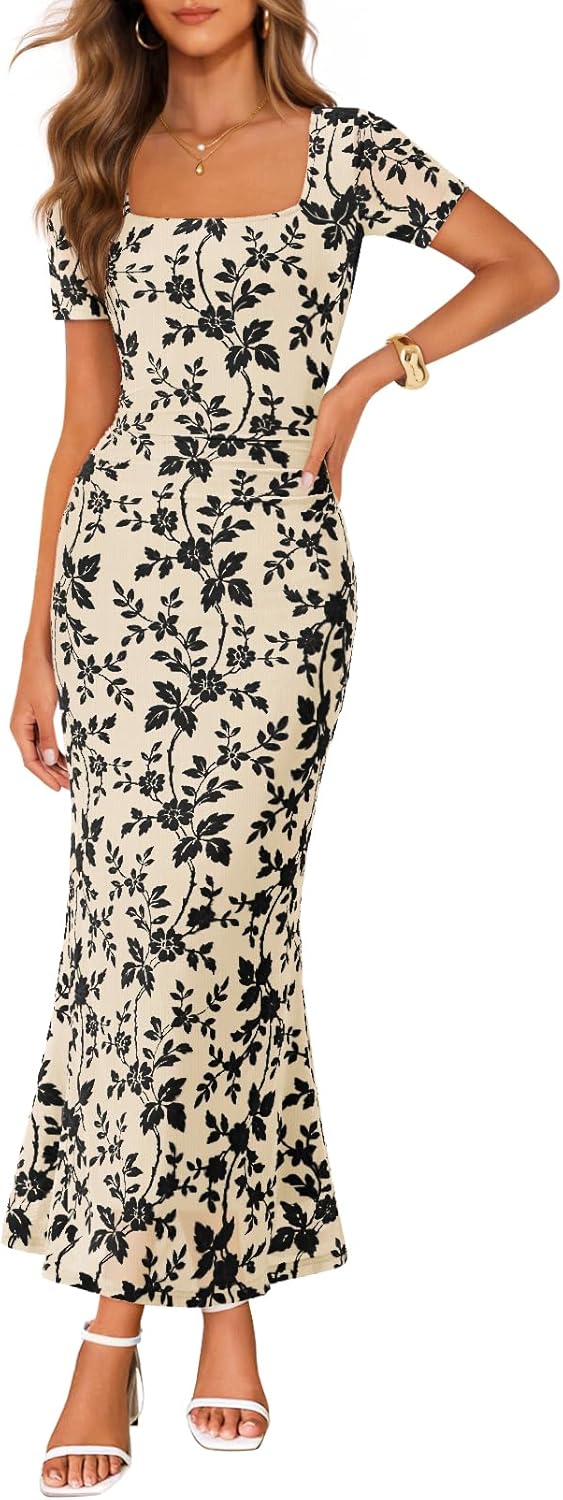 MEROKEETY Women's Summer Floral Bodycon Maxi Dress 2026 Square Neck Short Sleeve Mesh Wedding Guest Cocktail Party Dresses