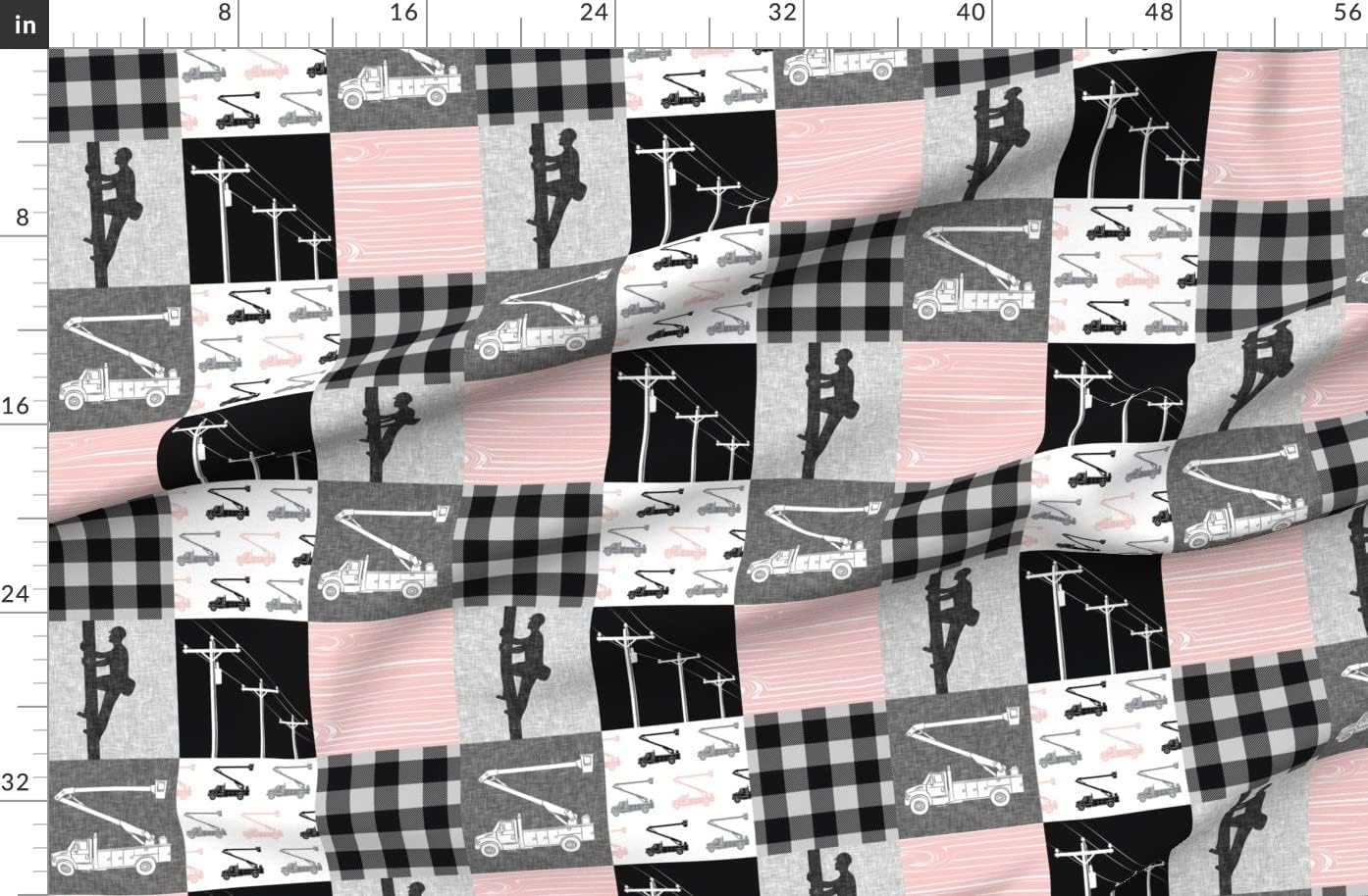 Spoonflower Fabric - Lineman Patchwork Pink Plaid Bucket Truck Girl Utility Printed on Organic Cotton Sateen Fabric by The Yard - Sewing Quilting Apparel Home Decor