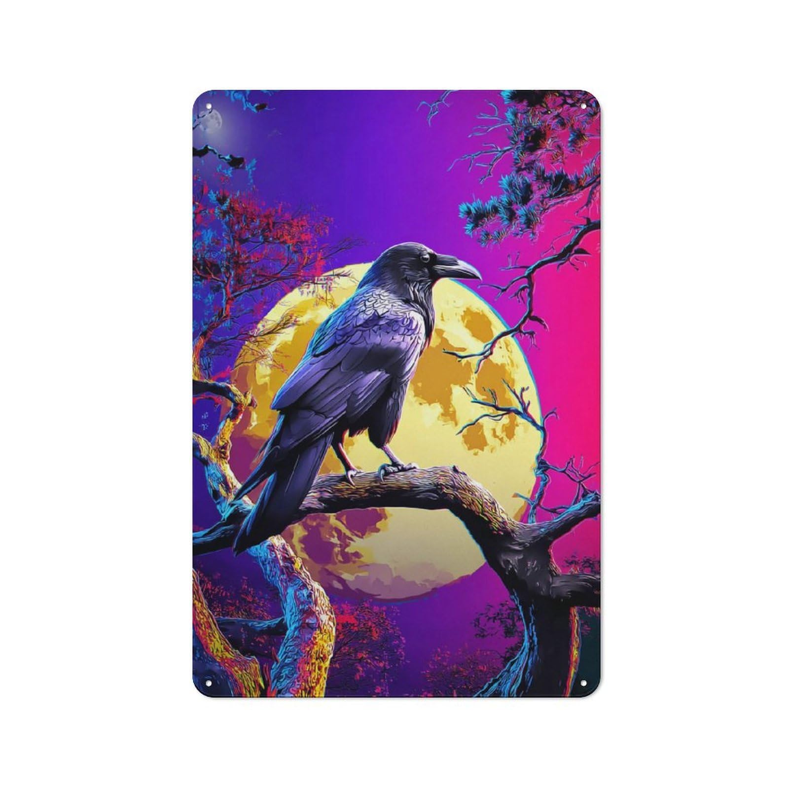 Rustic Tin Wall Sign 30x20cm Featuring Crow Perched on Moonlit Branch, Bistro Wall Plaque for Restaurant, Kitchen, Counter Or Breakfast Nook