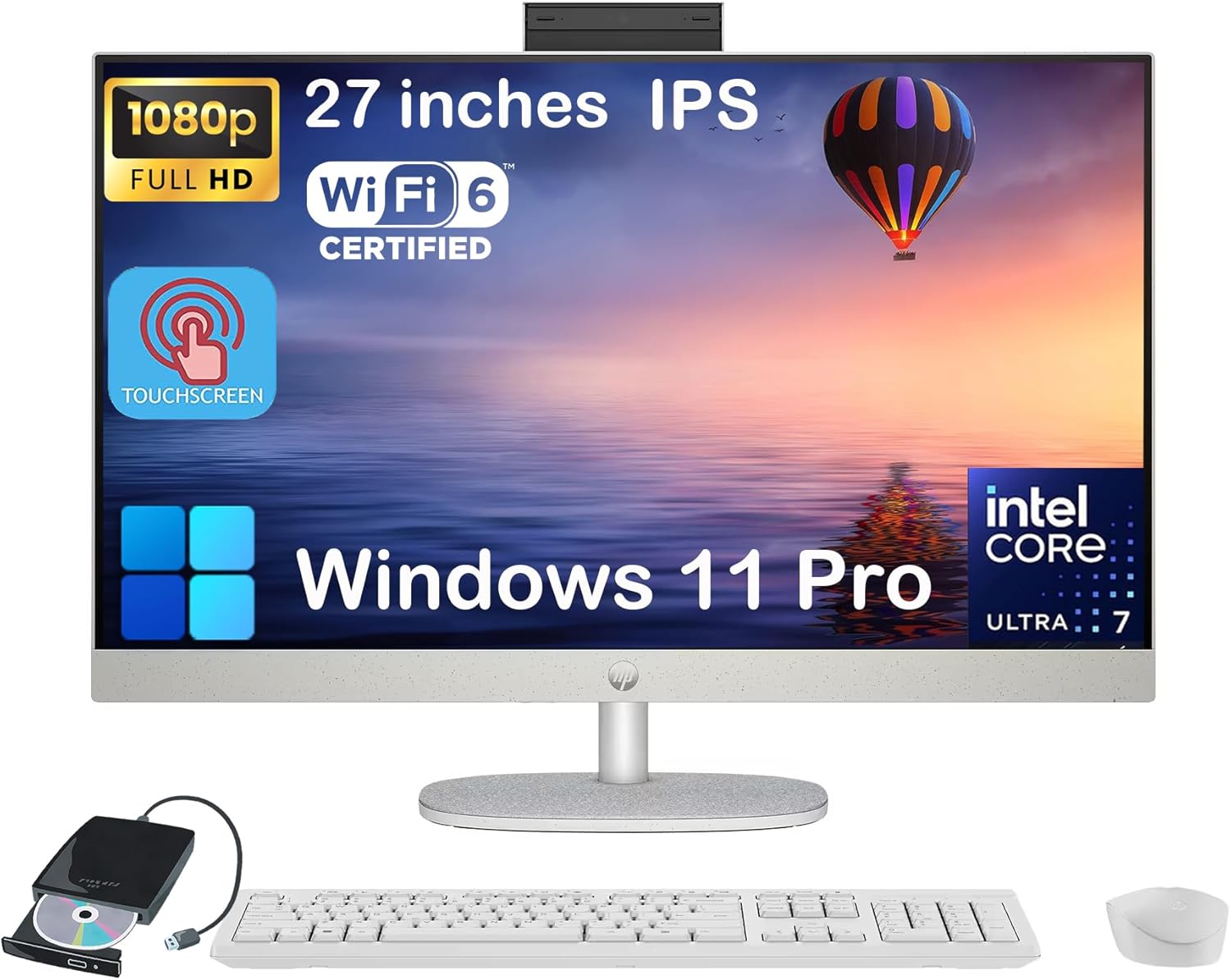 HP 27" FHD All-in-One Touchscreen Desktop - Intel 12-Core Ultra 7 155U CPU • Adjustable Angle • WiFi 6 • 1080p Camera • Win11 Pro & External DVD Drive (64GB DDR5 RAM | 1TB SSD)
