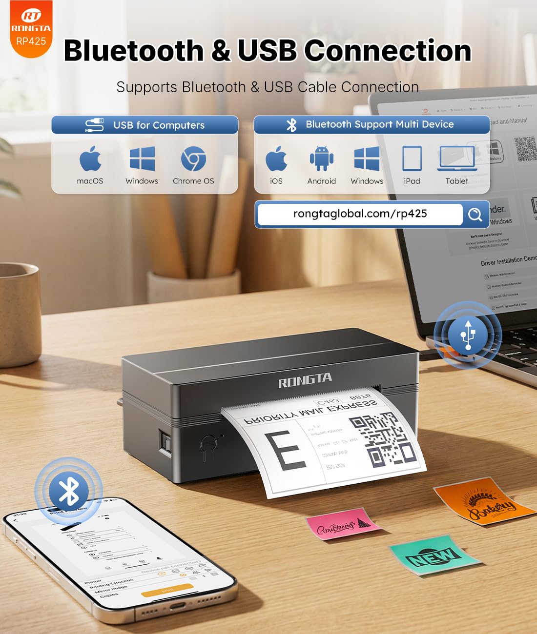 Rongta Termiczna drukarka etykiet Bluetooth do wysyłki, bezprzewodowa drukarka etykiet 4 x 6 do wysyłek paczek i małych firm, kompatybilna z systemami Windows/Mac/Android/iOS, obsługa USPS, UPS, Etsy