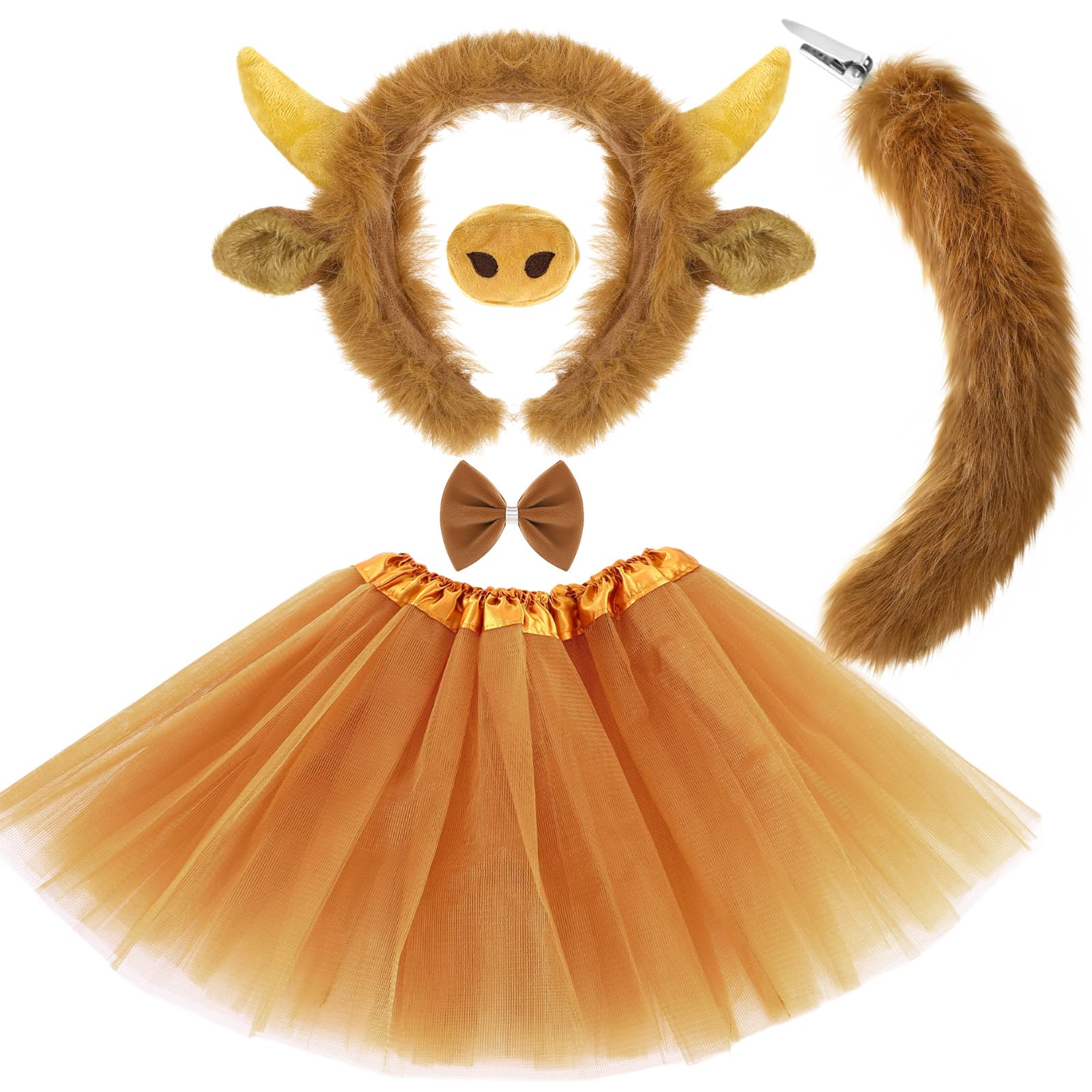 Janinka 5 Pcs Highland Cattle Costume Set Brown Cow Ears Horns Headband Bowtie Tail Tutu Skirt Animal Fancy Costume Accessories for Halloween Cosplay Dress up Party