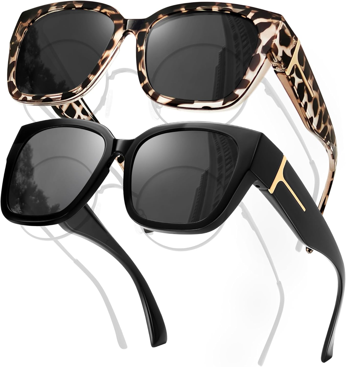 Fit Over Glasses Women Polarized Sunglasses Square Wrap Around Over Glasses UV Protection & 2 Pack