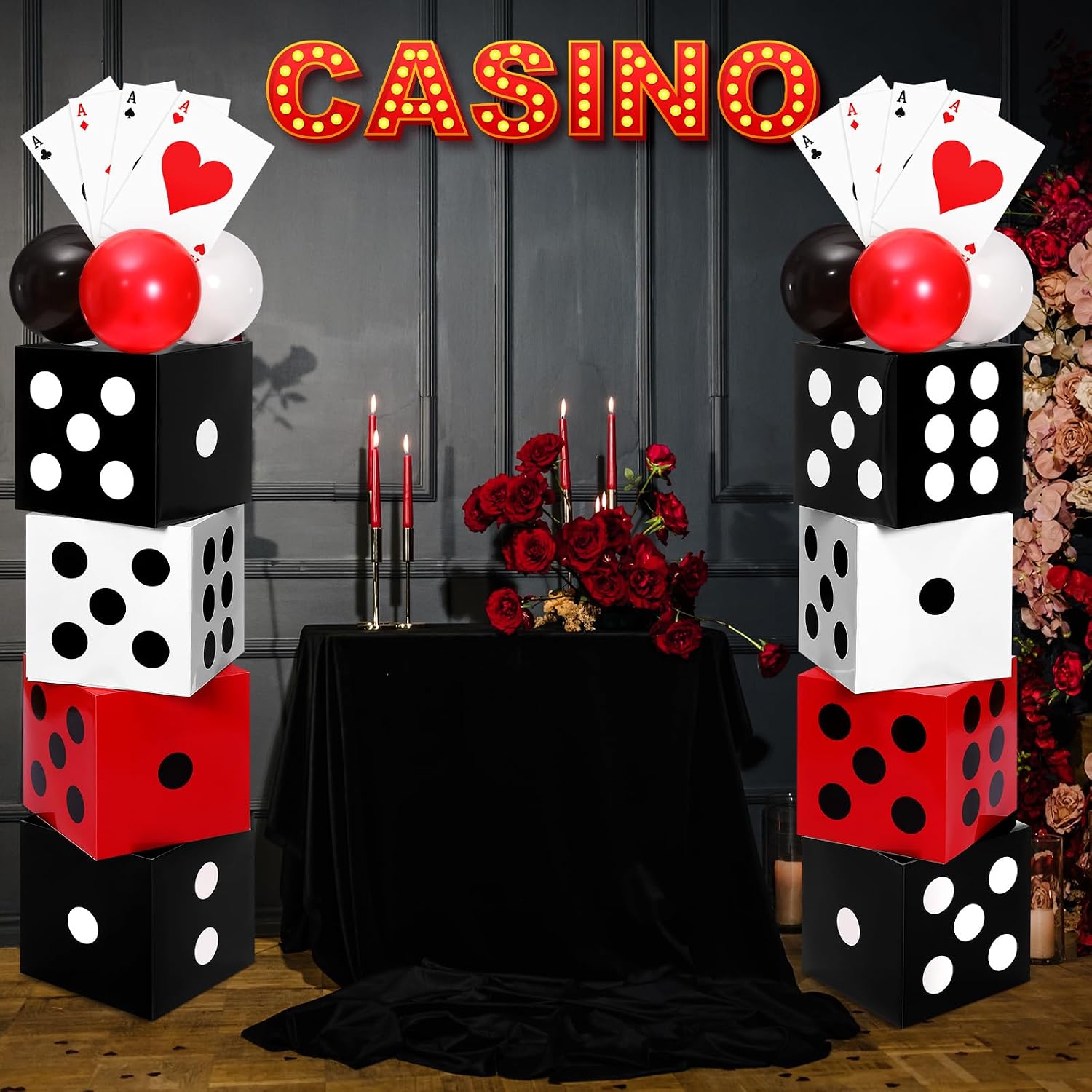 52 Pcs Casino Themed Decorations Set Las Vegas Game Night Entryway Door Party Decor 8 Pcs 12 Inch Large Dice Boxes 8 Jumbo Poker Cards 30 Pcs Balloon Aisle Runners for Birthday Celebration