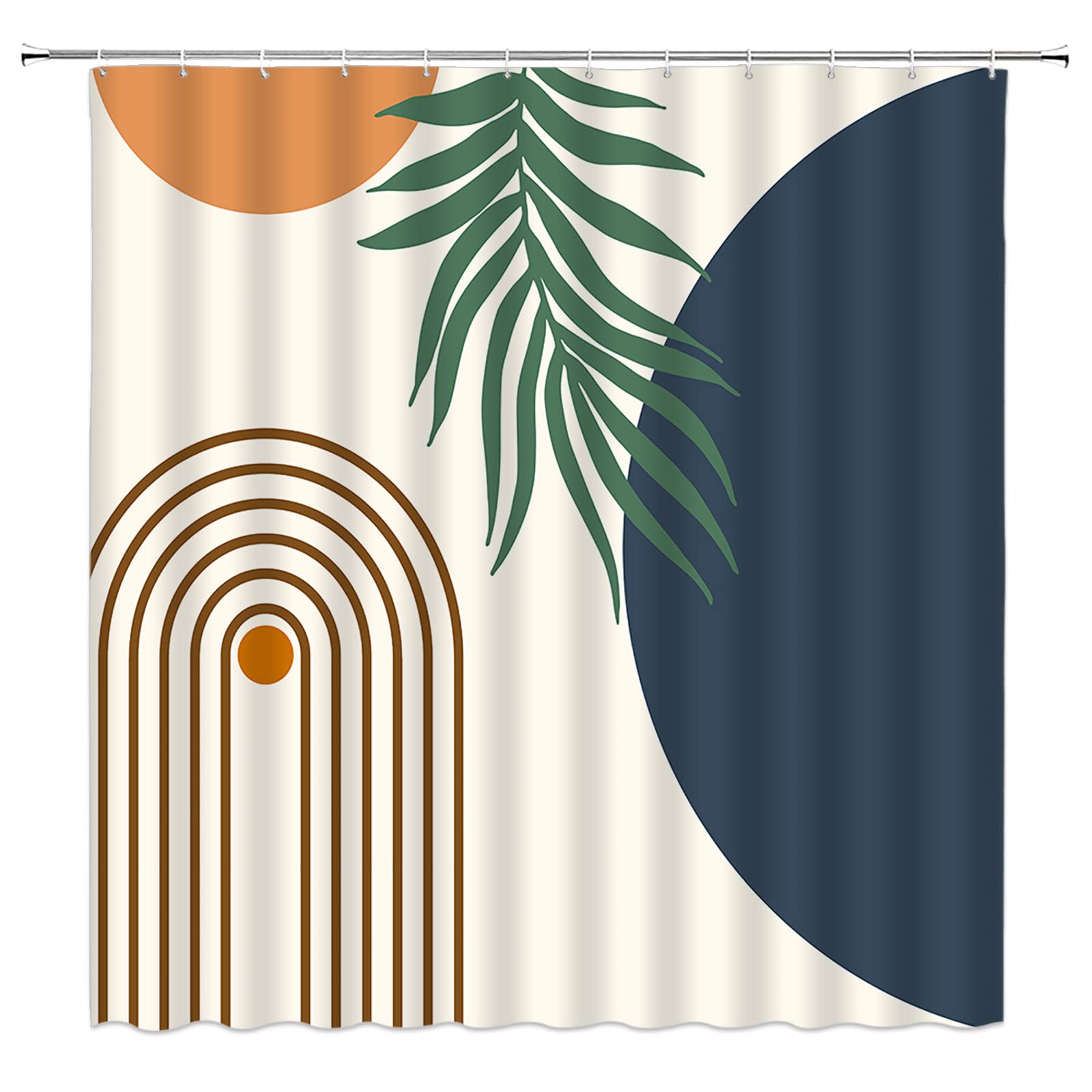 ABONAN Boho Mid Century Modern Shower Curtain Abstract Tropical Leaves Arch Line Sun Blue Orange Geometry Minimalisti Fabric Bathroom Curtains Decor