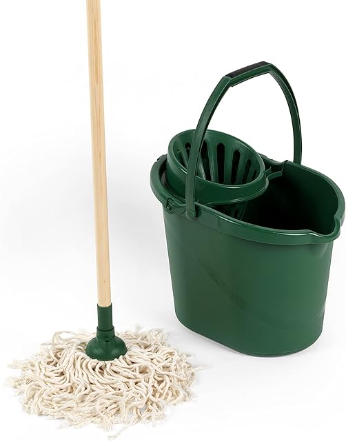 Beldray Combo-6679 Eco Cotton Fibre 120cm Mop And 10 Litre Bucket, FSC Certified Wooden Handle Natural/Green, Ideal for Vinyl, Tile & Wooden Surfaces