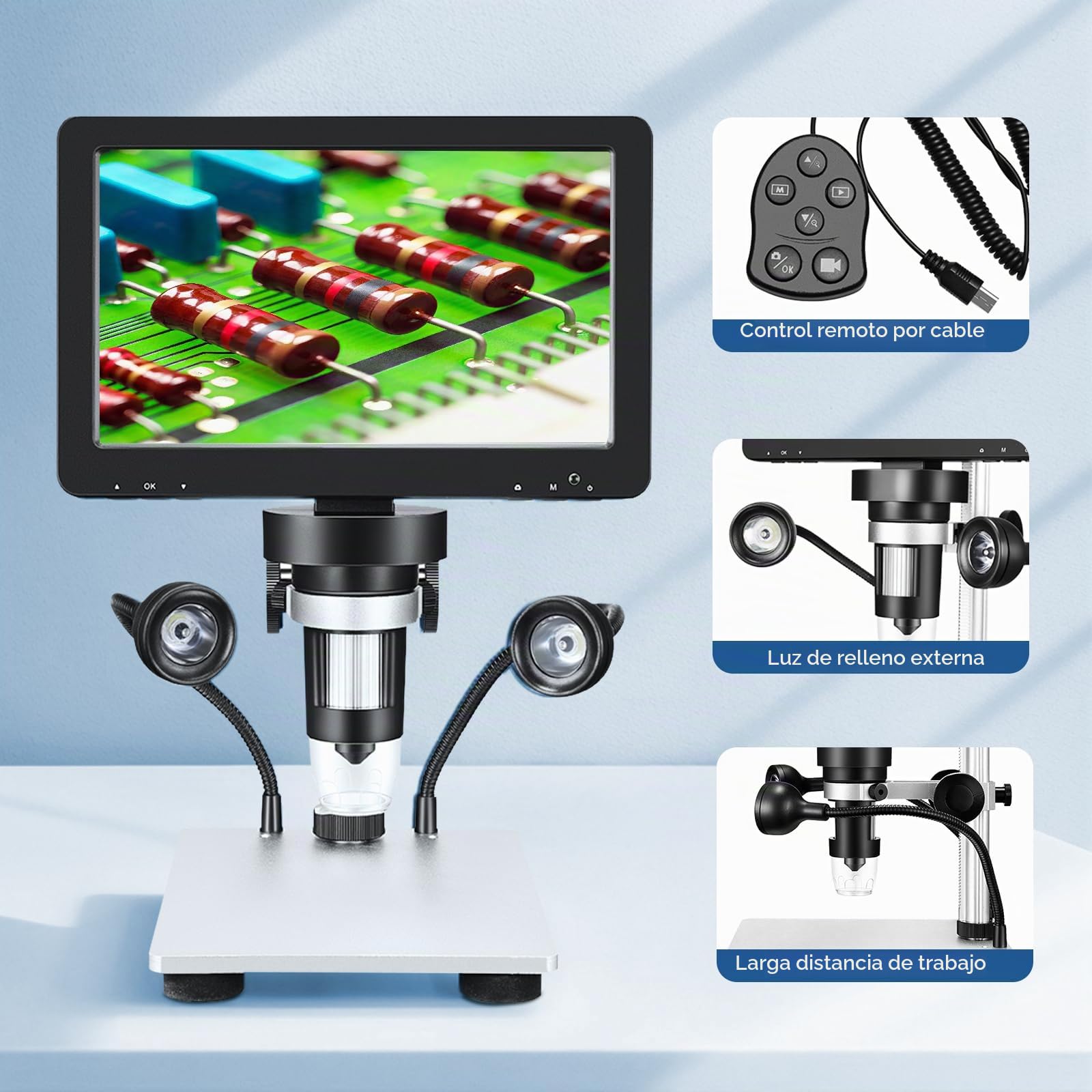 Microscopio Profesional Digital 7" 1200x 12MP Con Pantalla Giratoria HD, 8 Luces LED, 12 Idiomas, 10cm Distancia Trabajo, Controlador Electrónico Para Soldadura
