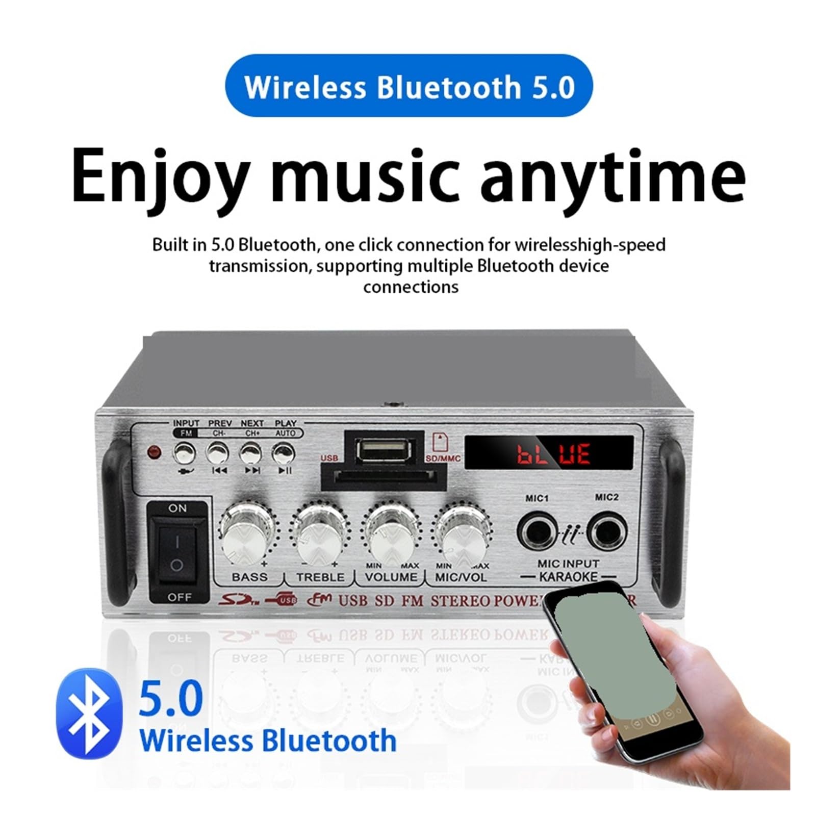Wzmacniacz audio, Wzmacniacze samochodowe 400 W, 2-kanałowy dźwięk przestrzenny Bluetooth 5.0, pilot zdalnego sterowania FM USB do domu, karaoke