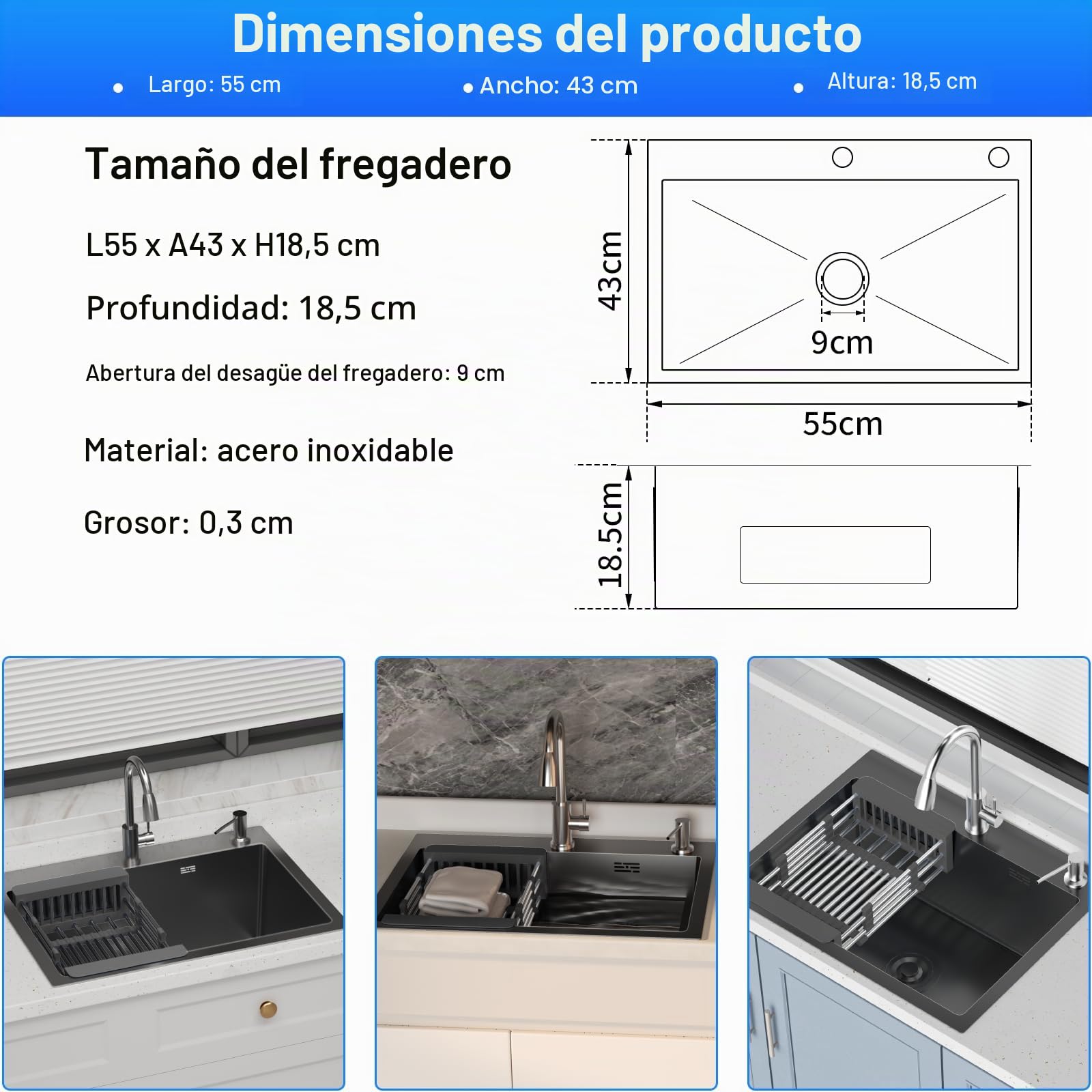 Fregadero Cocina 55 x 43 cm,Fregadero Cocina en Acero Inoxidable,Fregadero Bajo Encimera o Sobre Encimera con Filtro de Drenaje,Sifón e Juego de Desagüe