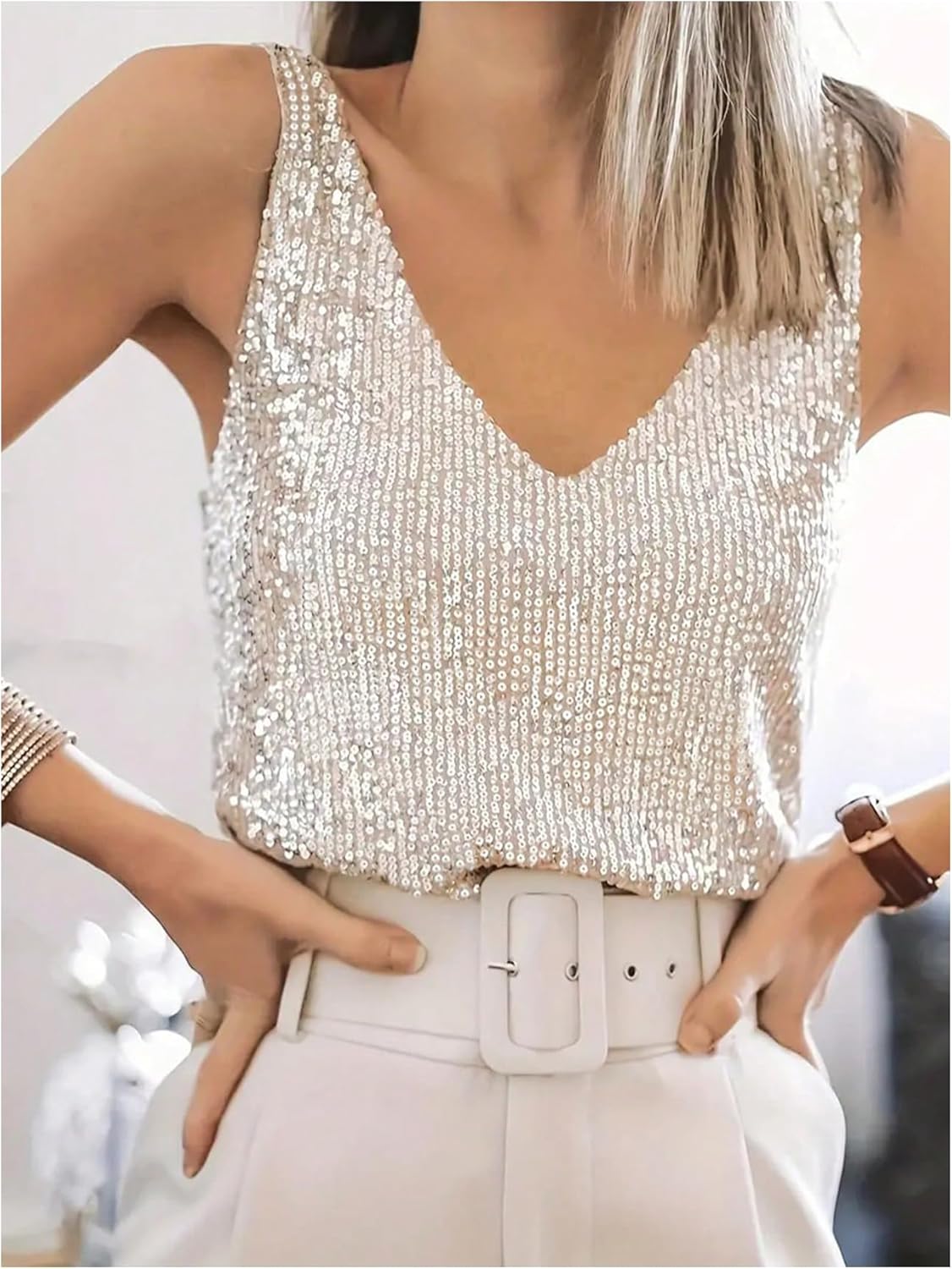 SHENHE Women's Plus Size Sparkly Sequin Tops Sleeveless V Neck Concert Night Out Top - Image 4