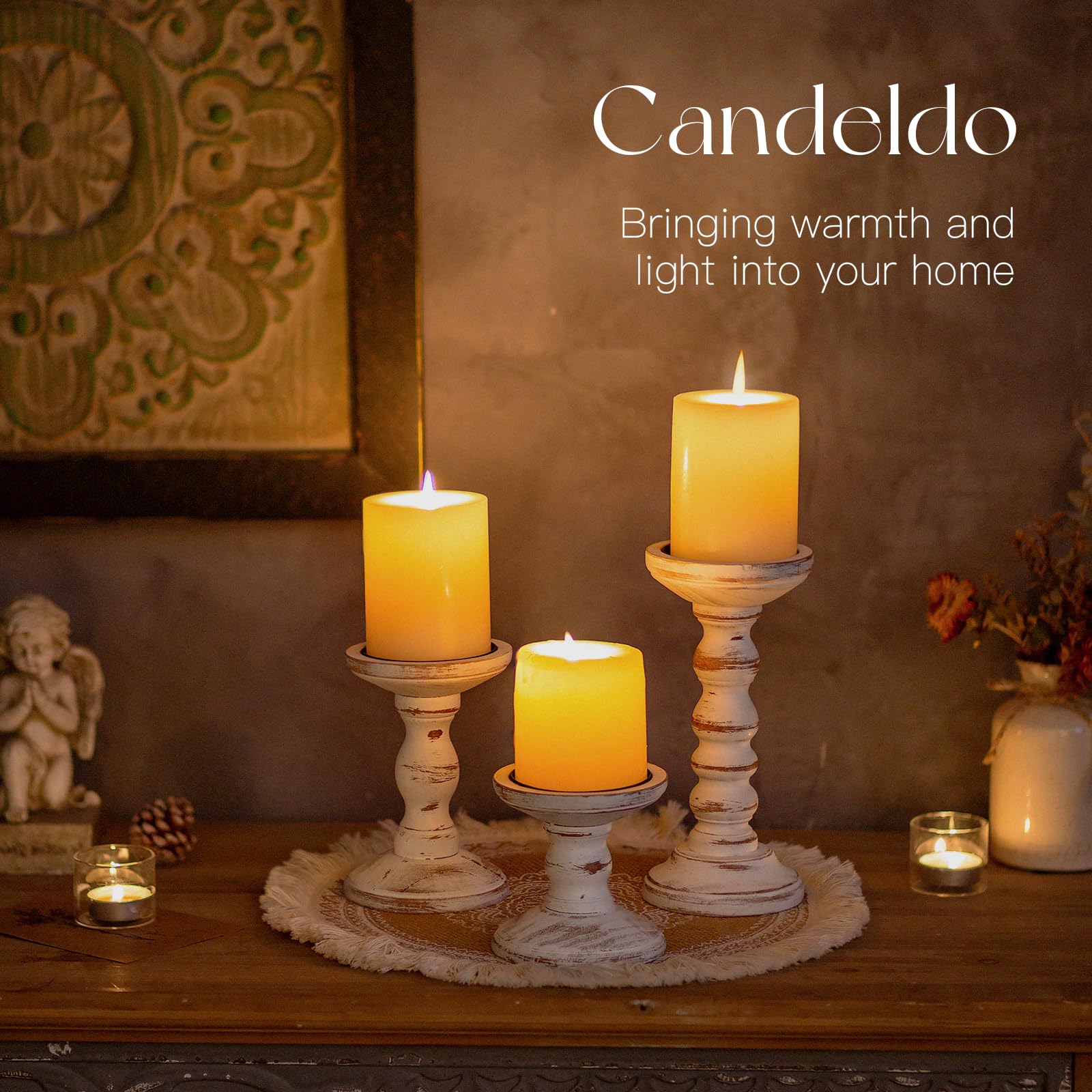 Candelabro de Madera Estilo Rústico: 3 Piezas Portavelas Pilar para Salón, Mesa Grande, Comedor, Navidad (Marrón + Blanco)