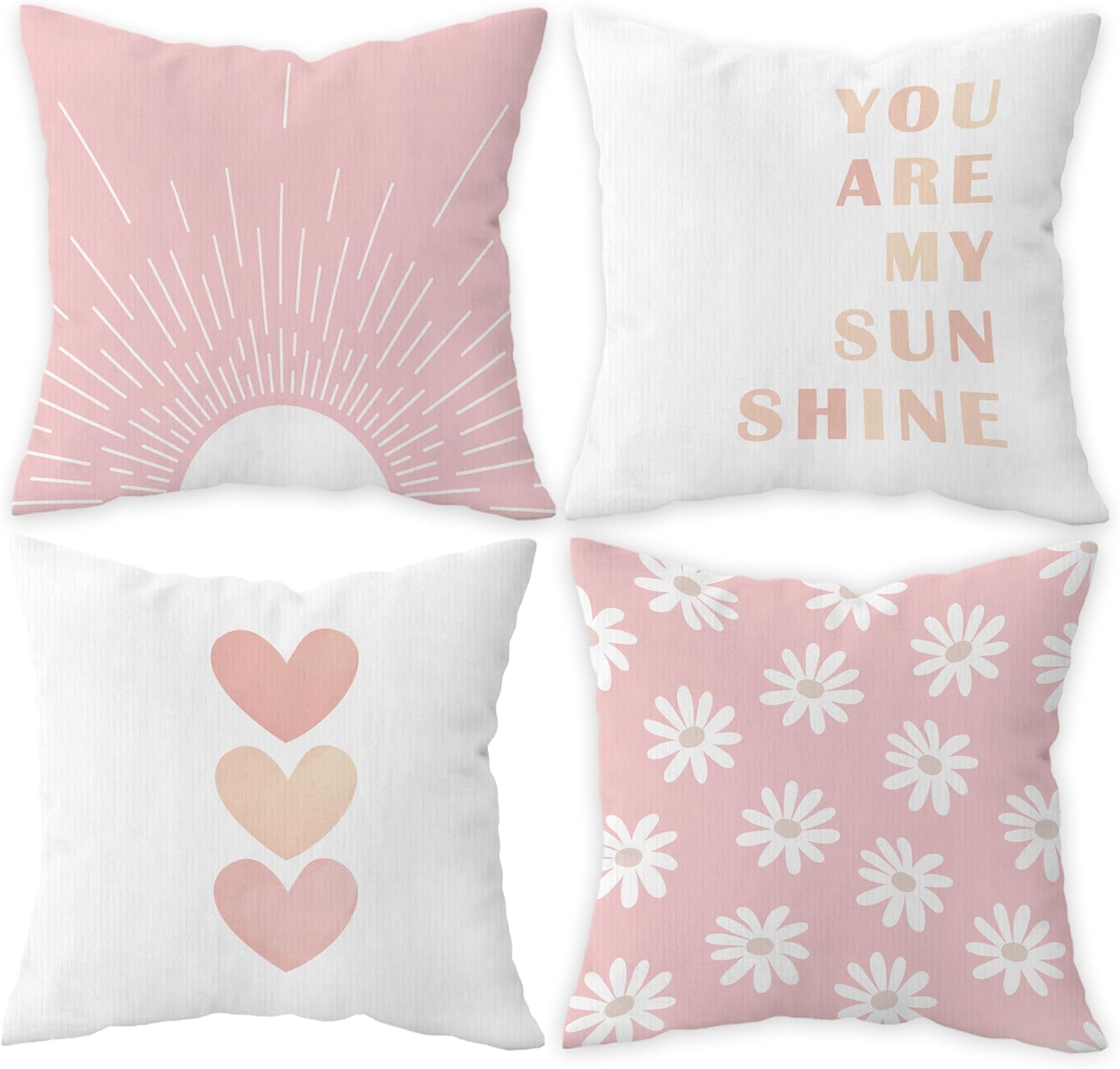 Preppy Pillow Covers 18x18 Set of 4, Boho Preppy Pillow Cases, Pink Nursery Decor, Pink Preppy Decor, You are My Sunshine Heart Daisy Floral Preppy Throw Pillow Covers,You are My Sunshine Gifts