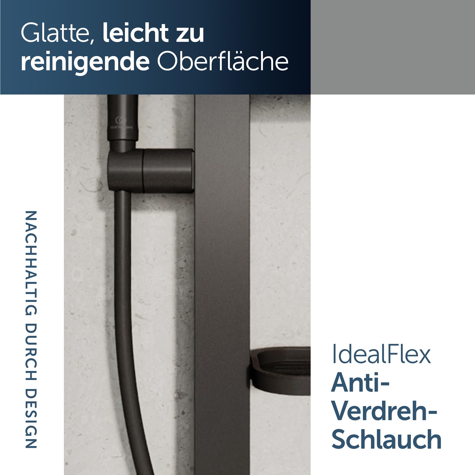Ideal Standard Idealrain Alu+ Brausekombination, Wassersparender Duschkopf mit zwei Strahlarten (SilkRain und Rain) und verstellbaren Ablagen – Schwarz Matt (349x157x600 mm)
