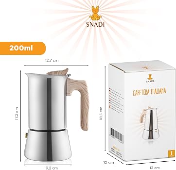 Cafetera italiana de moka. Para 4 tazas de café expreso (200 ml). Acero inoxidable apto para inducción, vitrocerámica, eléctrico y gas. Cocina profesional (4 Tazas)1
