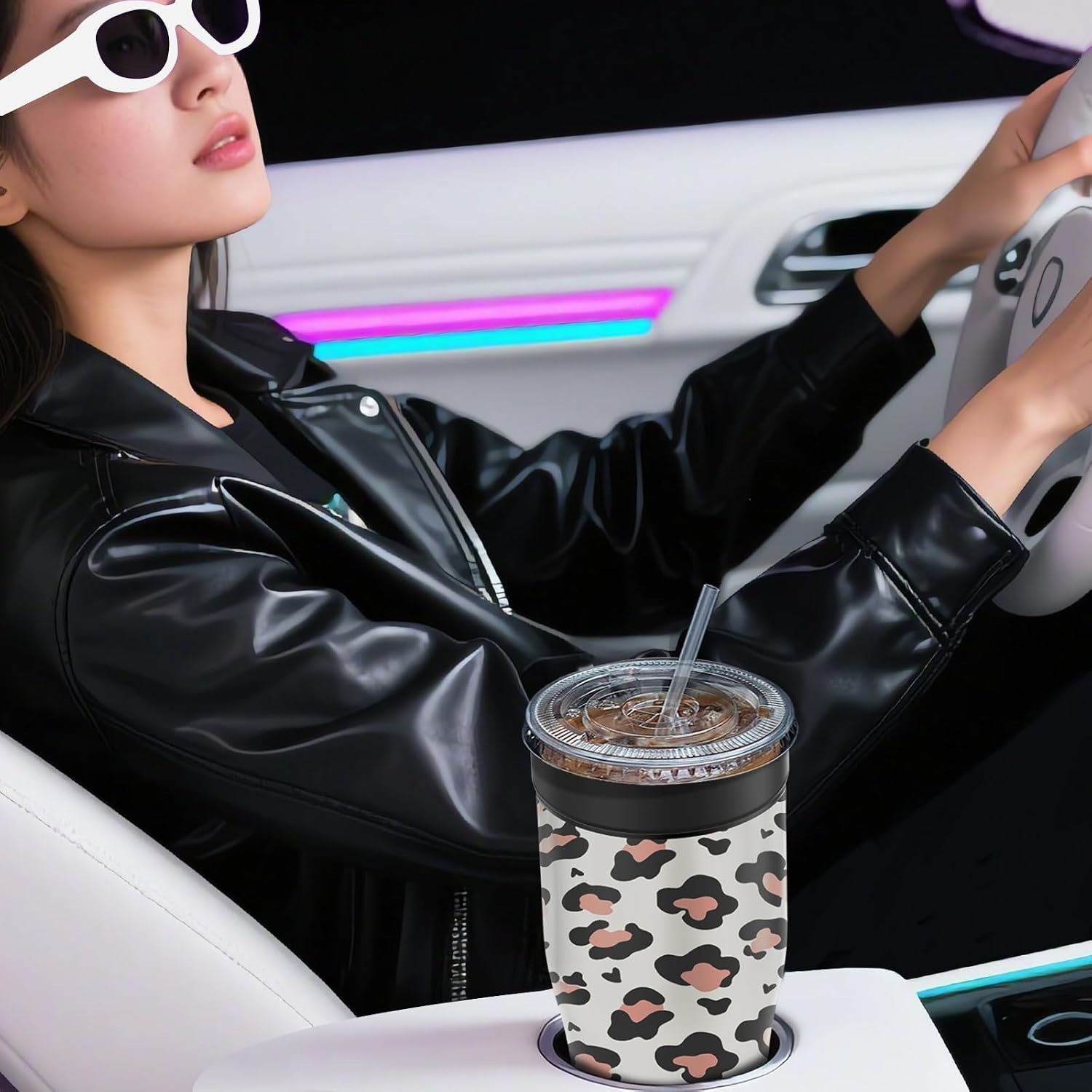 Universal Iced Coffee Sleeve - Upgraded Double Wall Reusable Stainless Steel Holder Sleeves Insulator for Cold Drinks Fits Starbucks Dunkin Donuts McDonalds Small Medium Large Cups (Luxy Leopard) image 5
