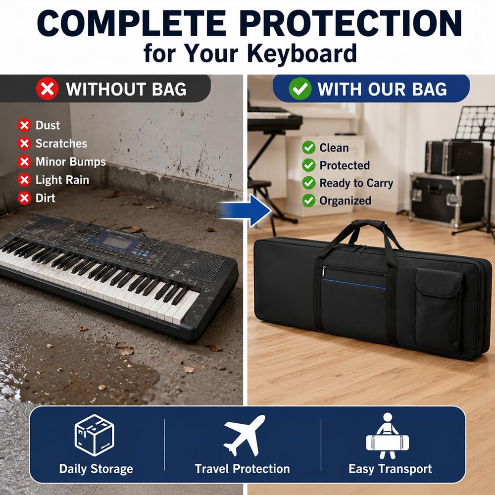 61 Key Keyboard Carrying Case, Padded Electronic Keyboard Bag with Large Storage Pocket, Portable Digital Piano Gig Bag with Shoulder Strap and Handle