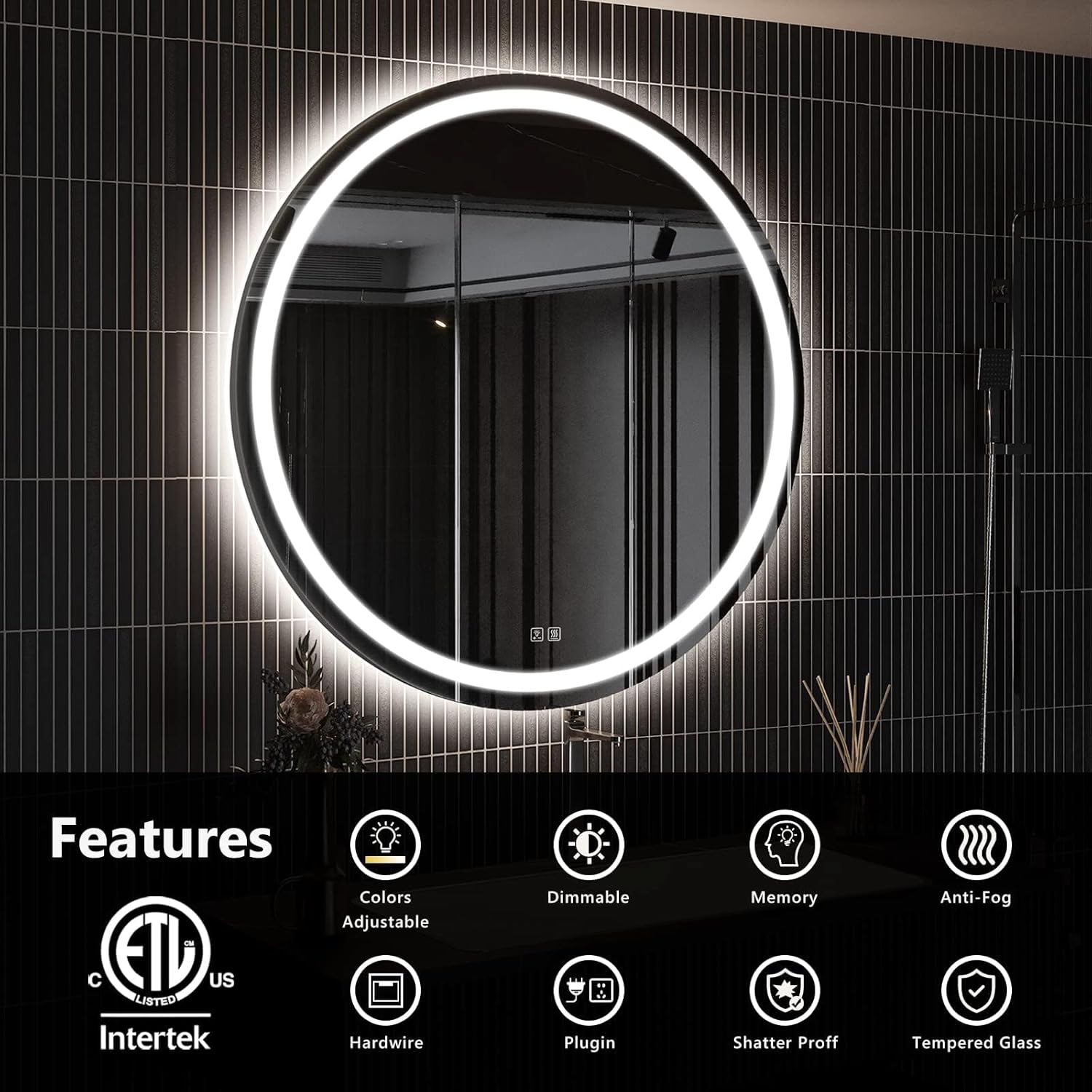 ROOMTEC 32 Inches LED Bathroom Mirror with Front and Backlit,Anti-Fog,3 Colors and Dimmable Light(ETL/UL Certification)