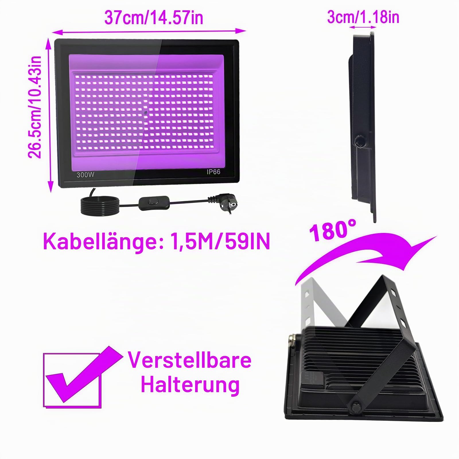 2 Stück 300W LED Schwarzlicht Strahler, IP66 UV Schwarzlicht Fluter, 395-400nm LED UV Strahler, UV Licht mit Schalter Für Halloween Dekorationen,Party Deko, Weihnachten, Neon Glühparty, Körperbemalung