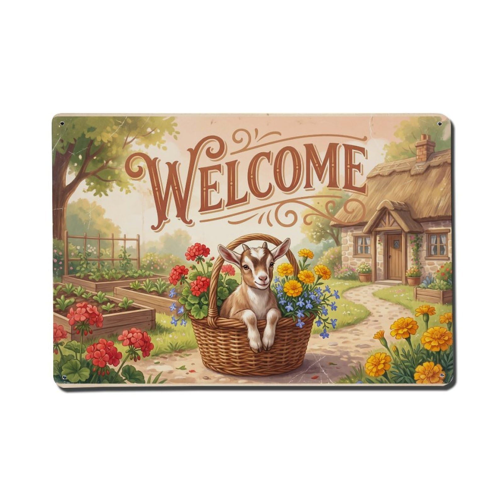 Vintage Welcome Kid Goat Cheerful Day Metal Tin Sign