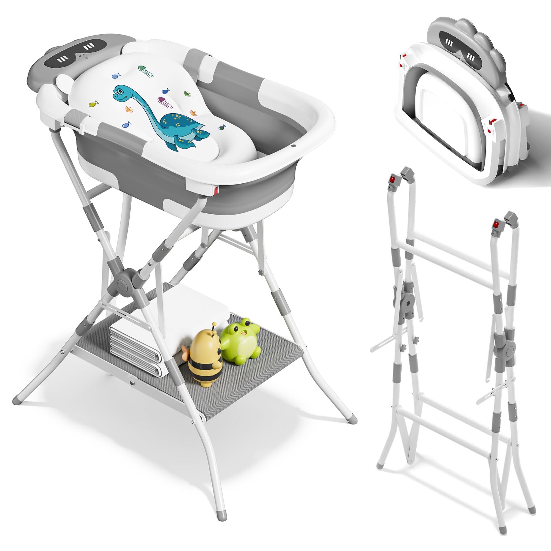 COOSEYA 3 in 1 Baby Bath with Stand, Foldable Baby Bath Tub for Newborn to Toddler with Support Soft Cushion, Foldable Design for Travel and Outdoor, Baby Shower Gifts, 0-18Months, Dinosaur Grey