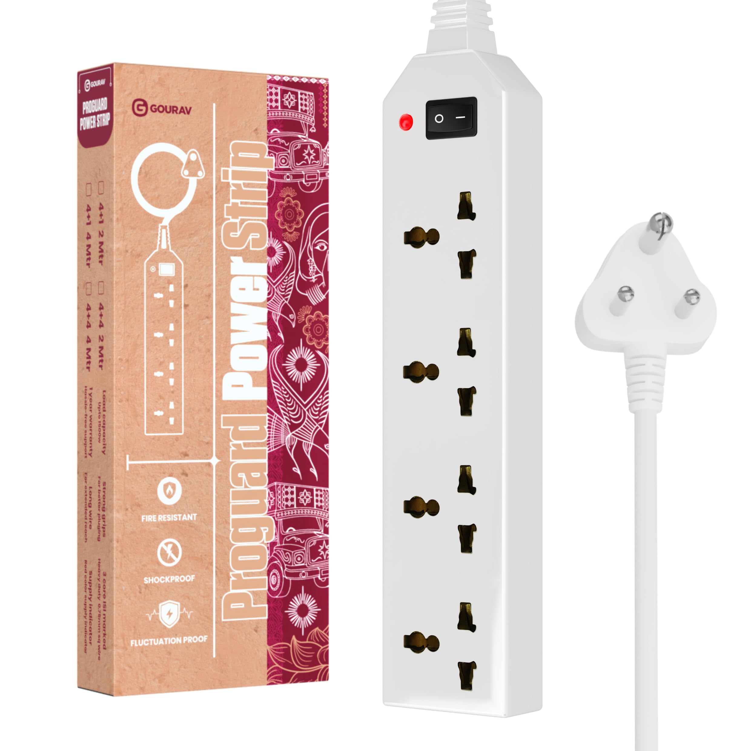 GOURAV Power Strips ProGuard Series Heavy Duty Extension Board with Surge Protection Overload | Safety Universal Sockets, Long Wire Spike Guard for Home & Office Use (4+1, 4 Meter)-image-3