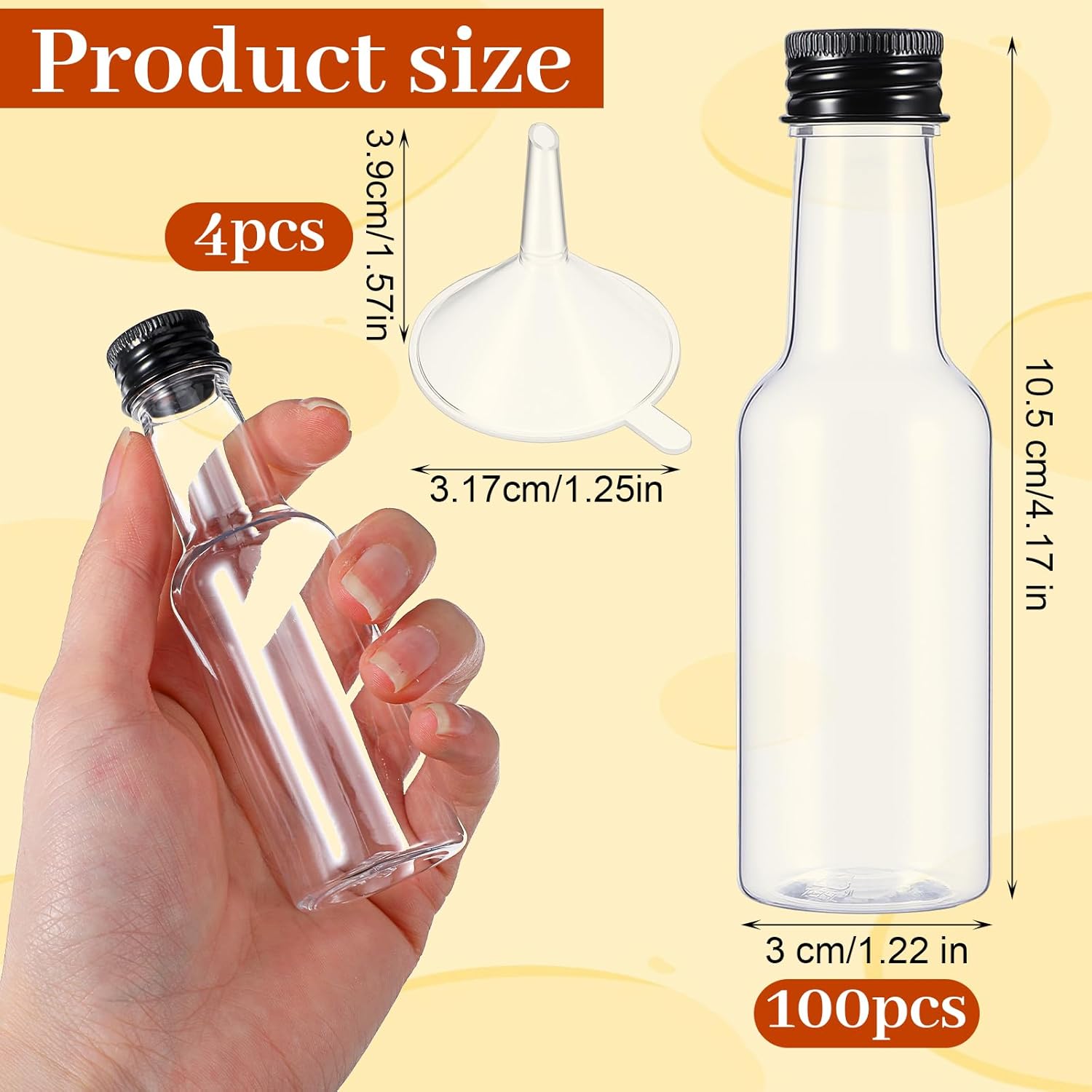 100 Pcs Mini Liquor Bottles, 50ml/1.7 oz Plastic Mini Salad Dressing Bottle with 4 Funnels, Small Alcohol Holders with Cap Wine Hot Sauce for Weddings Party Supplies (Black)