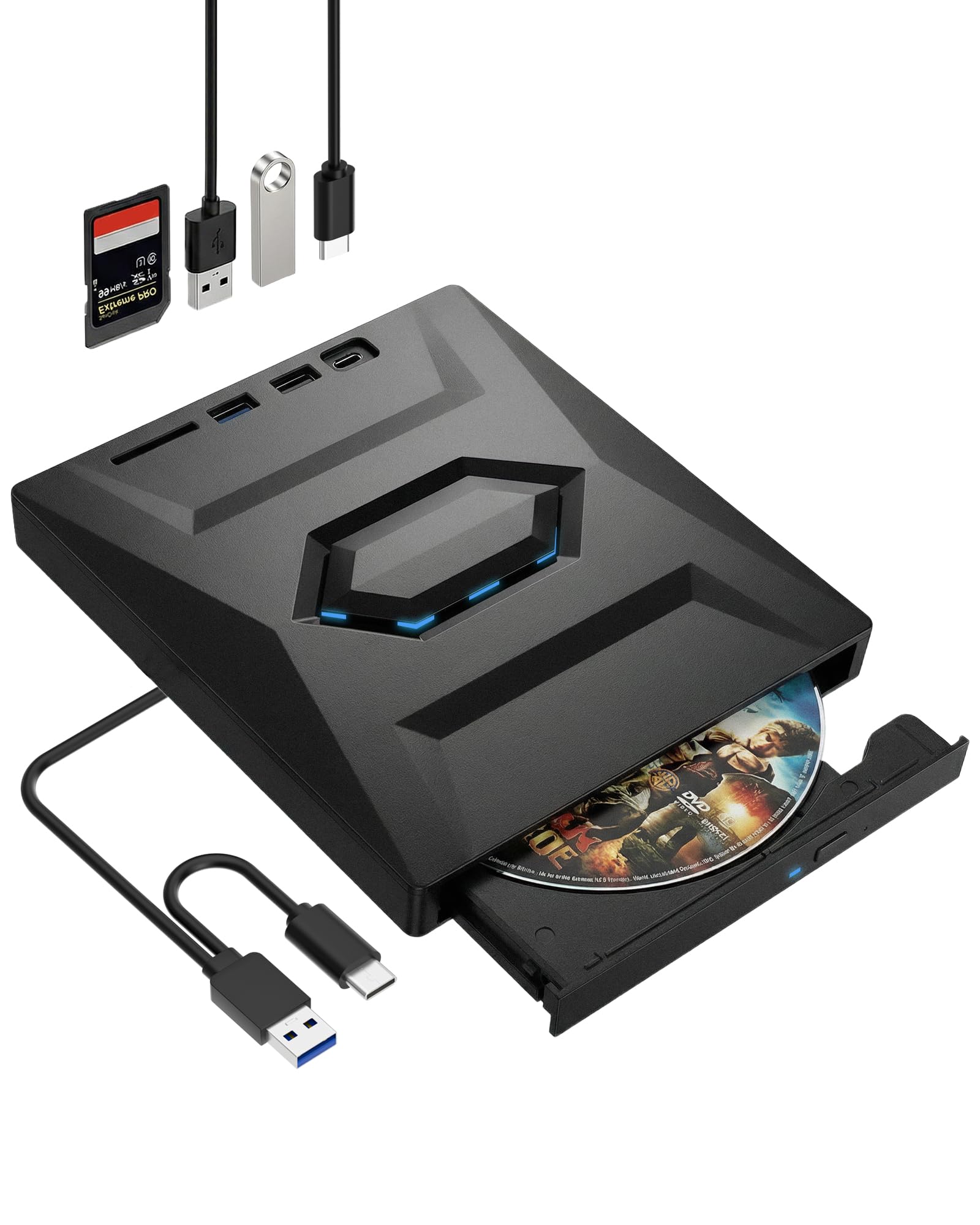 Unidad CD DVD Externa, Alta Velocidad USB 3.0 Tipo C Unidad, Práctica Unidad con Puertos USB, Grabadora CD DVD Portátil para PC Portátil Sobremesa Windows Mac OS Linux
