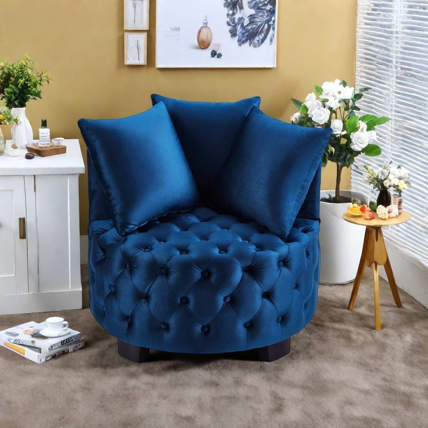 Modern Round Velvet Accent Chair, Tufted Corner Armchair with 3 Cushions, Luxury Upholstered Club Chair for Living Room Bedroom, 30.5" Soft Lounge Barrel Chair