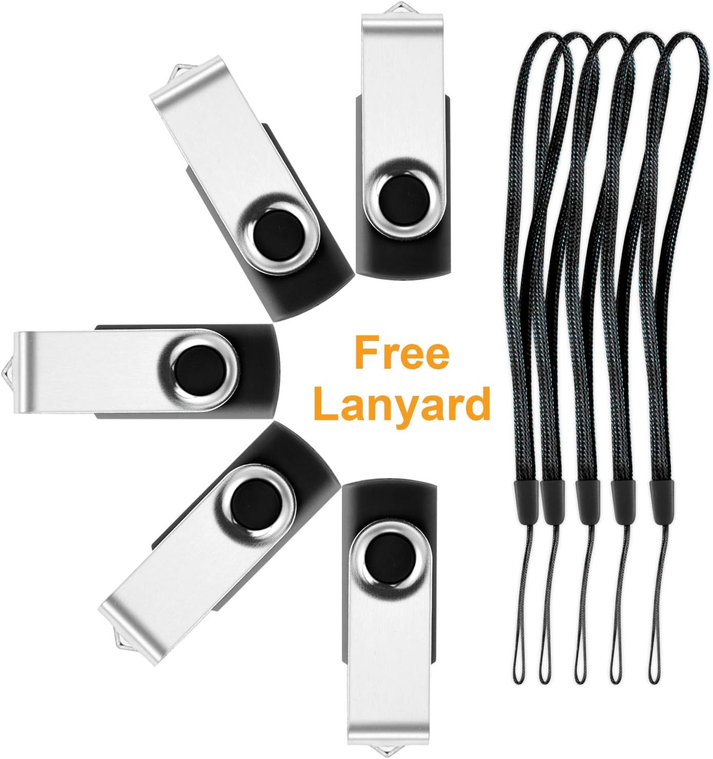 16GB USB Flash Drive 5 Pack, Pnstaw USB 2.0 Memory Sticks Thumb Drives Pen Drives Jump Drive with 5 Lanyards for Data Storage, File Sharing, Black (16GB, Black)