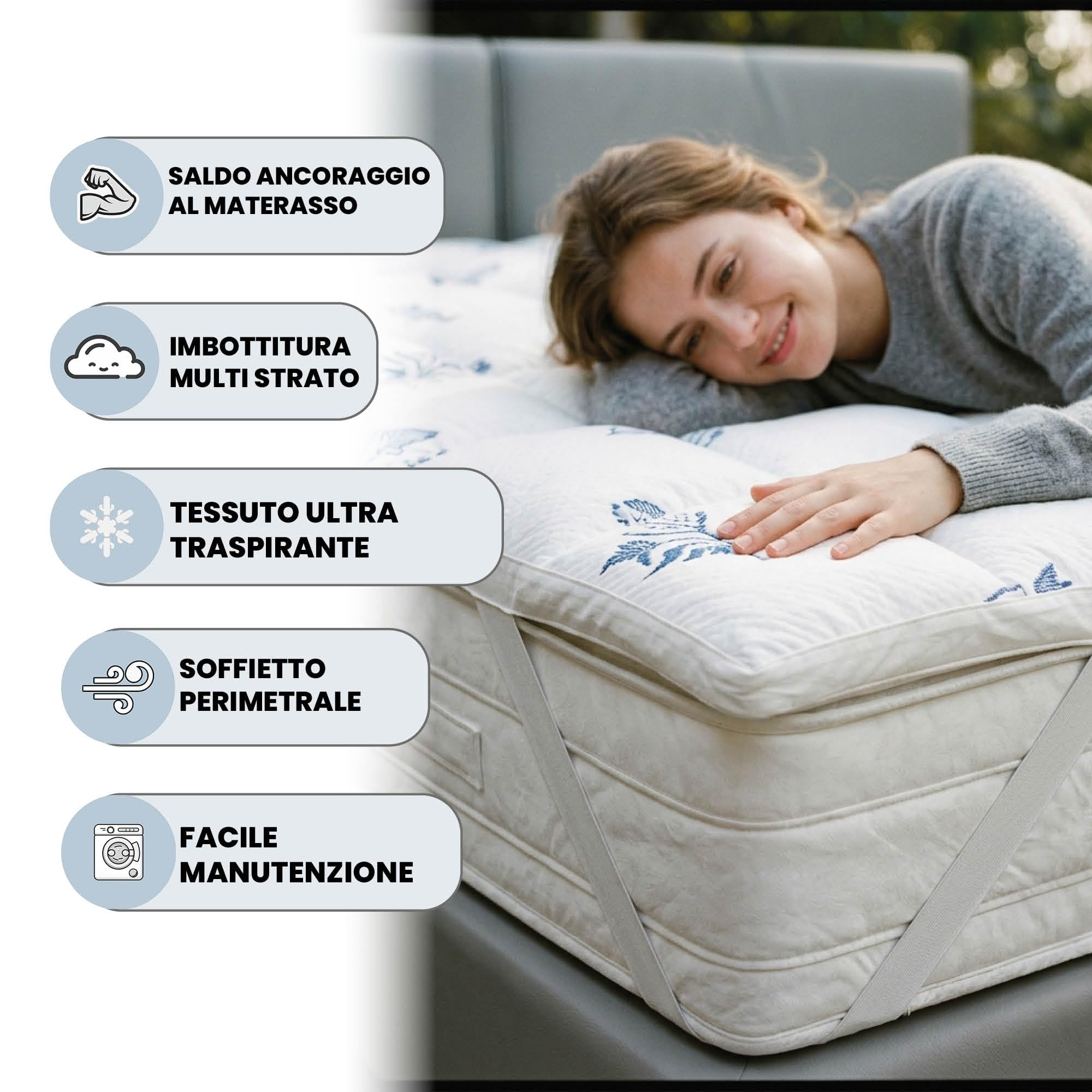 Topper AIR letto Matrimoniale 160x195, Imbottitura 300 gr/mq, Soffietto di 3 cm, Coprimaterasso Traspirante con Elastici per il fissaggio, Lavabile in Lavatrice