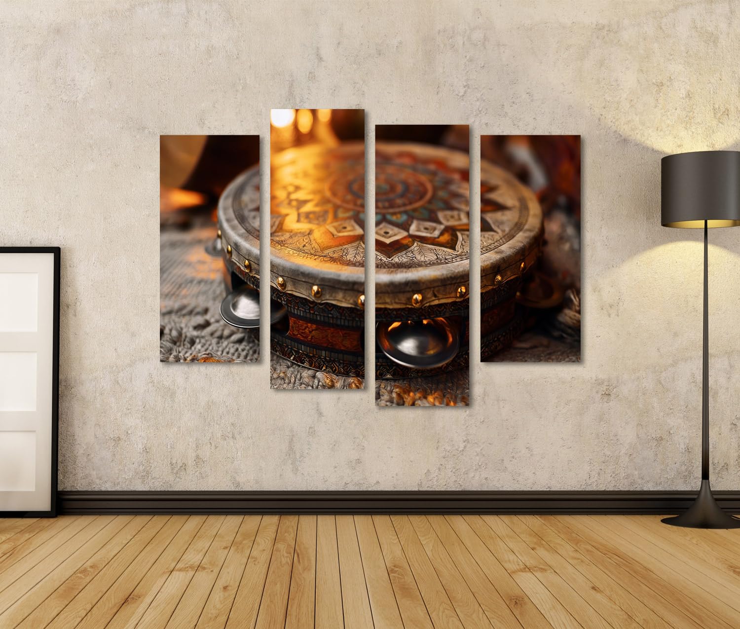 islandburner Cuadro sobre lienzo Exquisito Pandereta Mural Sala de Estar Para Amantes de la Música - 4 Piezas